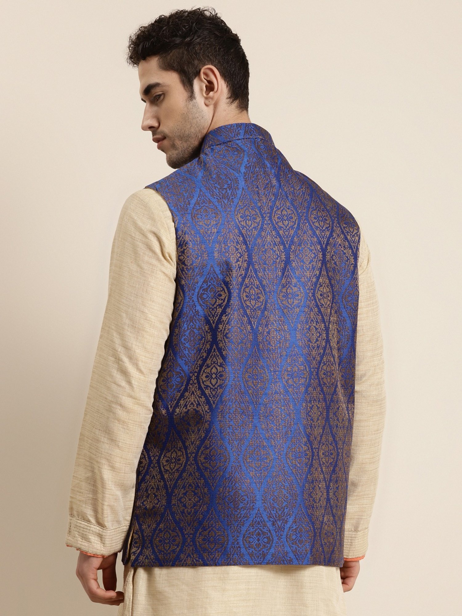 Giacca Nehru Uomo Sojanya In Seta Jacquard – Verde E Oro – Taglia M – Modello Indiano - 4