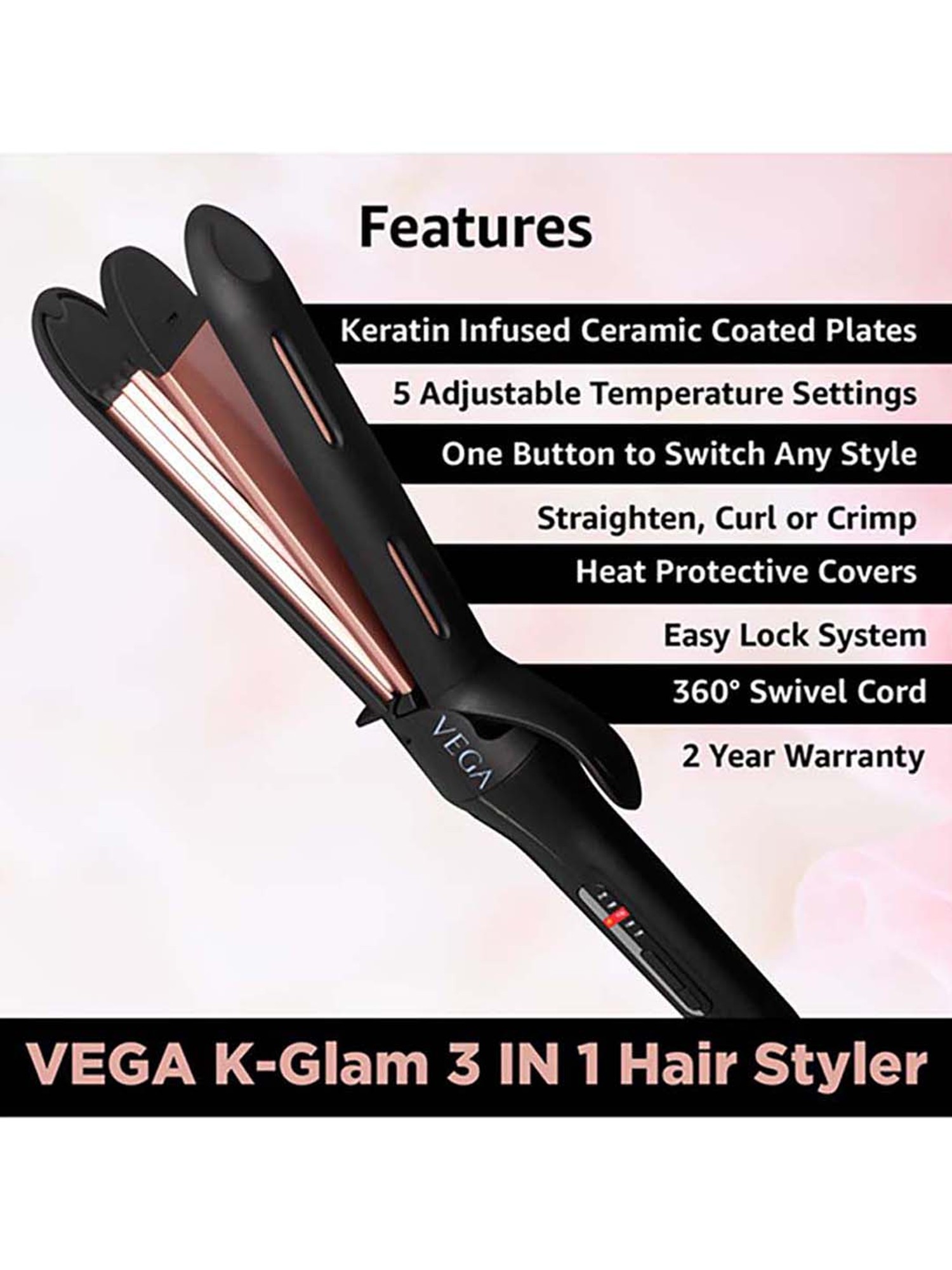Buy Vega K-Glam 3 IN 1 Temprature Control Hair Styler (Black) Online At  Best Price @ Tata CLiQ
