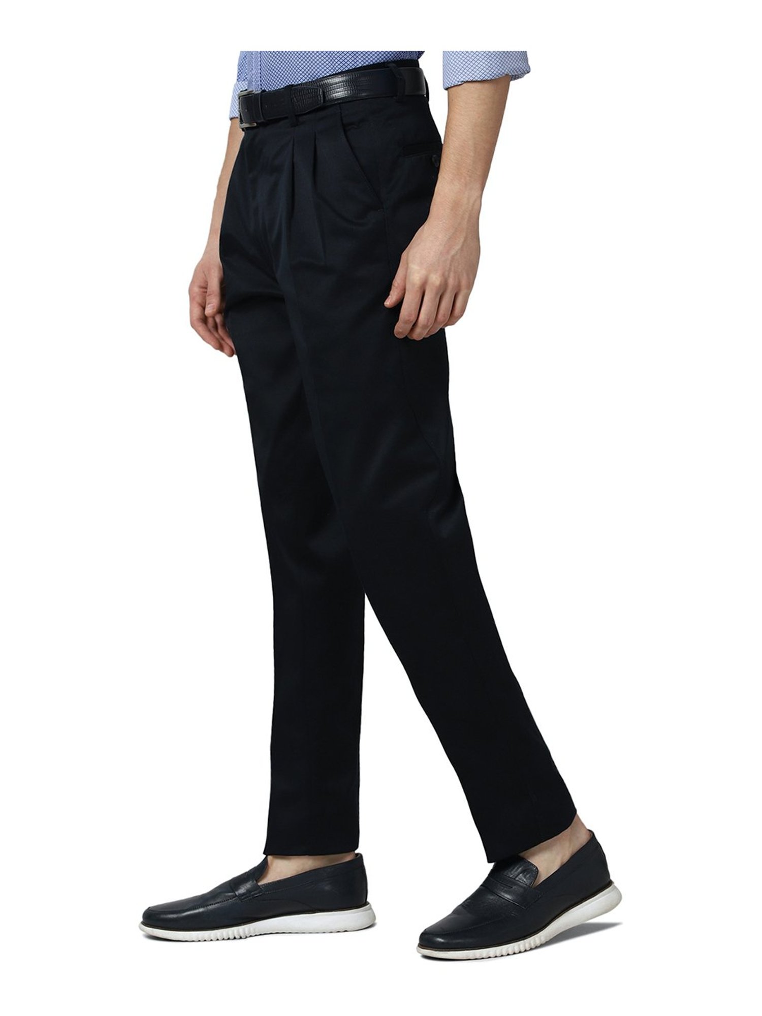 Buy HARSAM Navy Blue Solid Slim Fit Trouser online