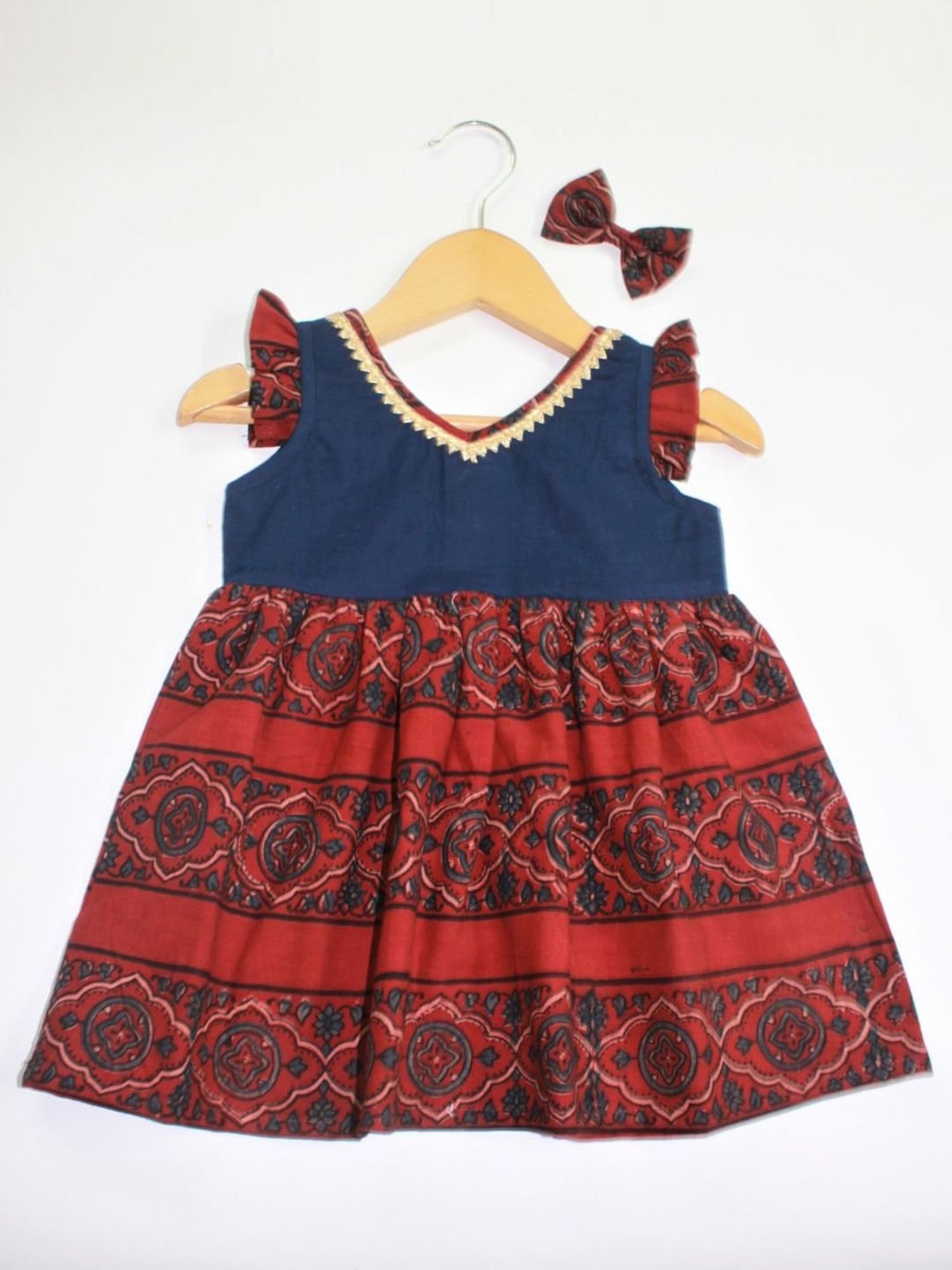 Navy Blue Ikkat and Pista Green -Premium Cotton Frock – Cuddle Train