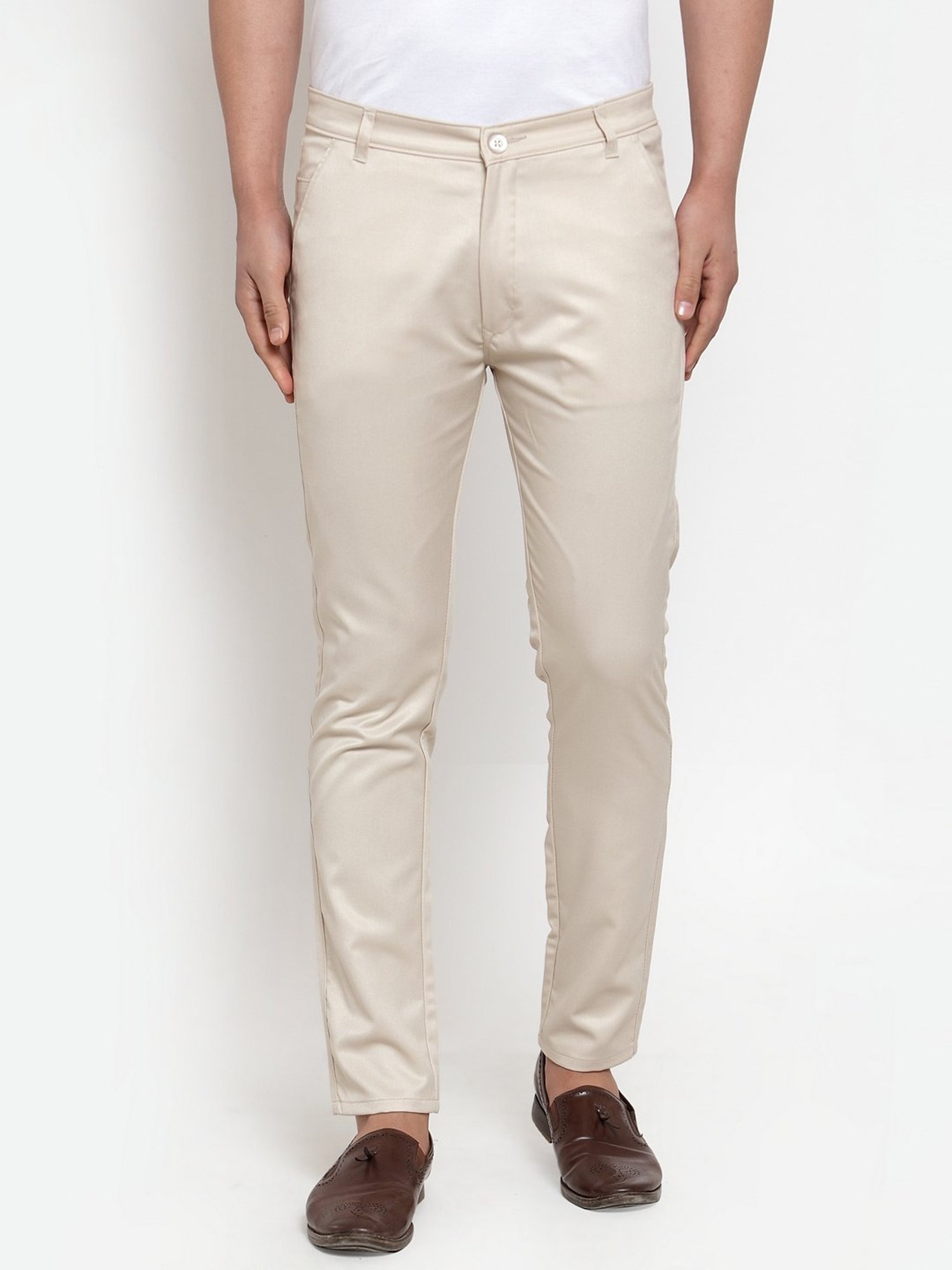 Jainish Mens Cream Tapered Fit Formal Trousers  Jompers