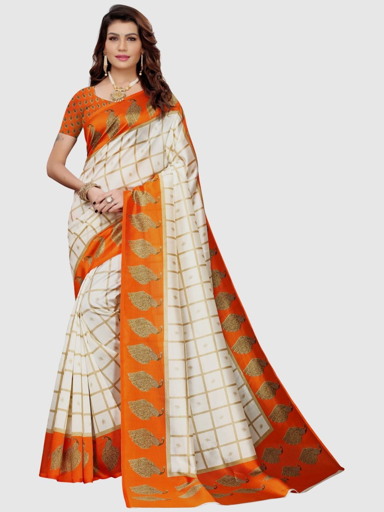 Teejh Veena White and Orange Kota Saree With Blouse Piece