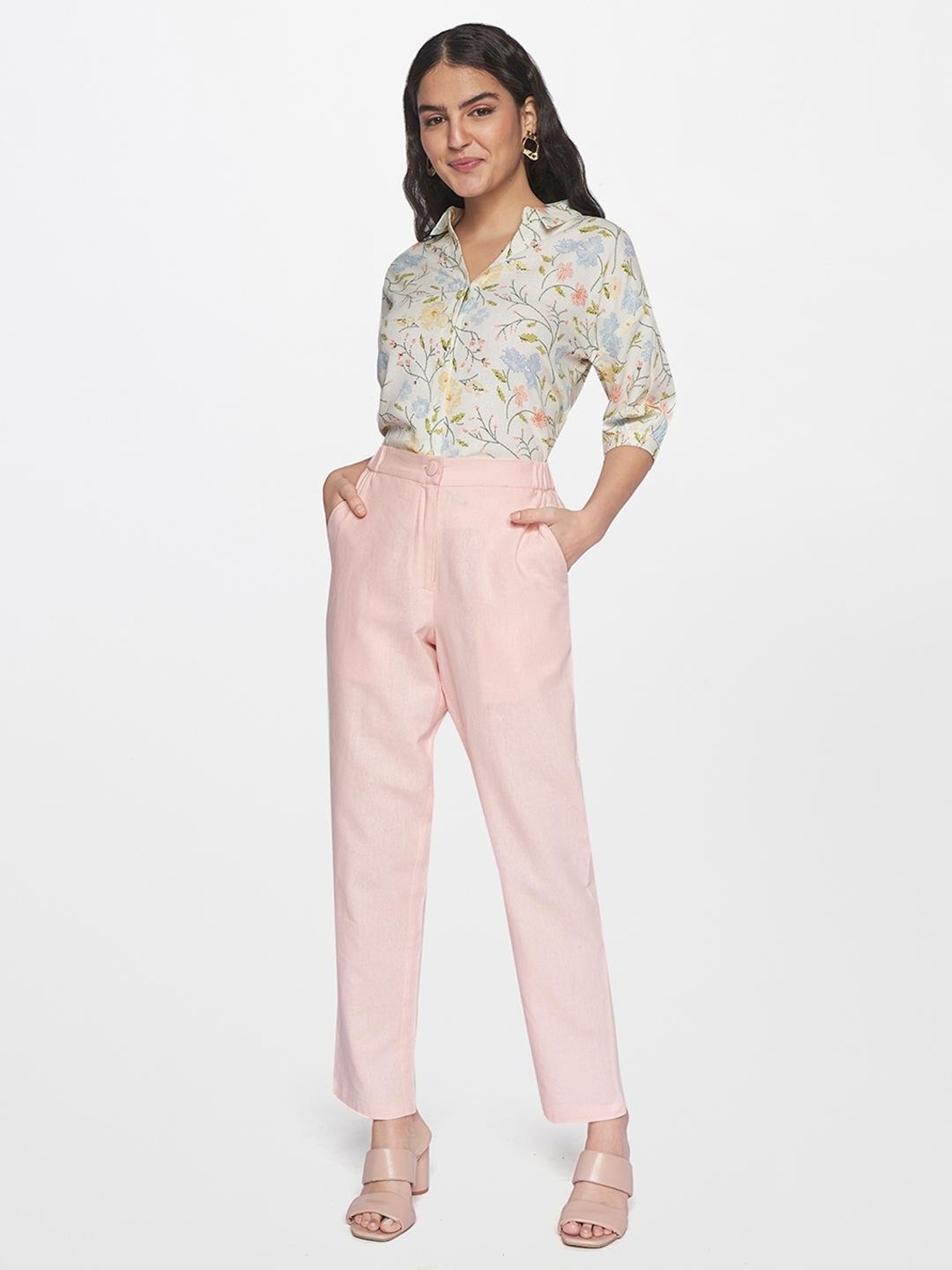 Buy And Light Pink Relaxed Fit Trousers for Women Online @ Tata CLiQ