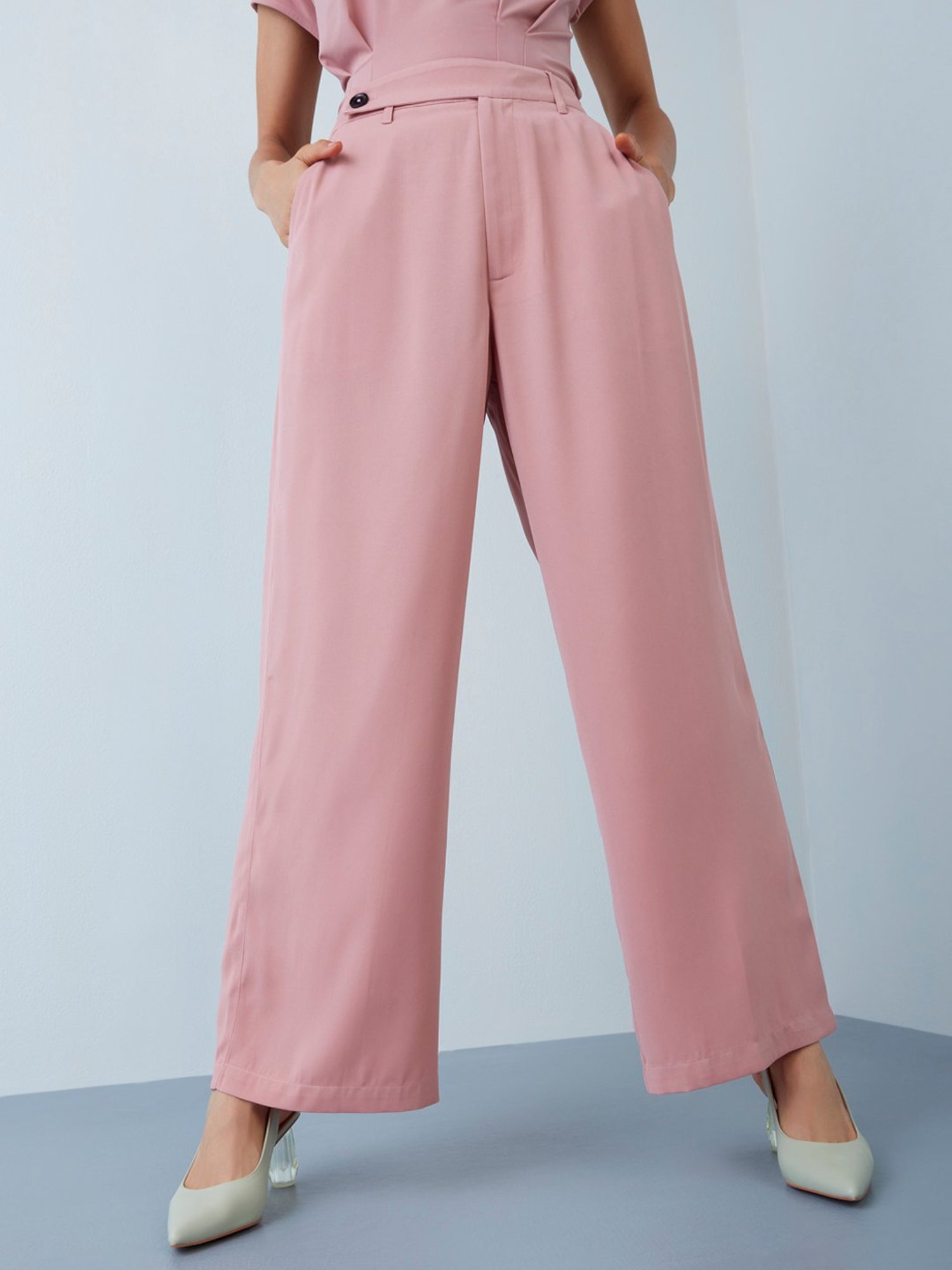 Buy Dusty Pink Linen Elasticated Wide Leg Formal Trouser Online   FableStreet