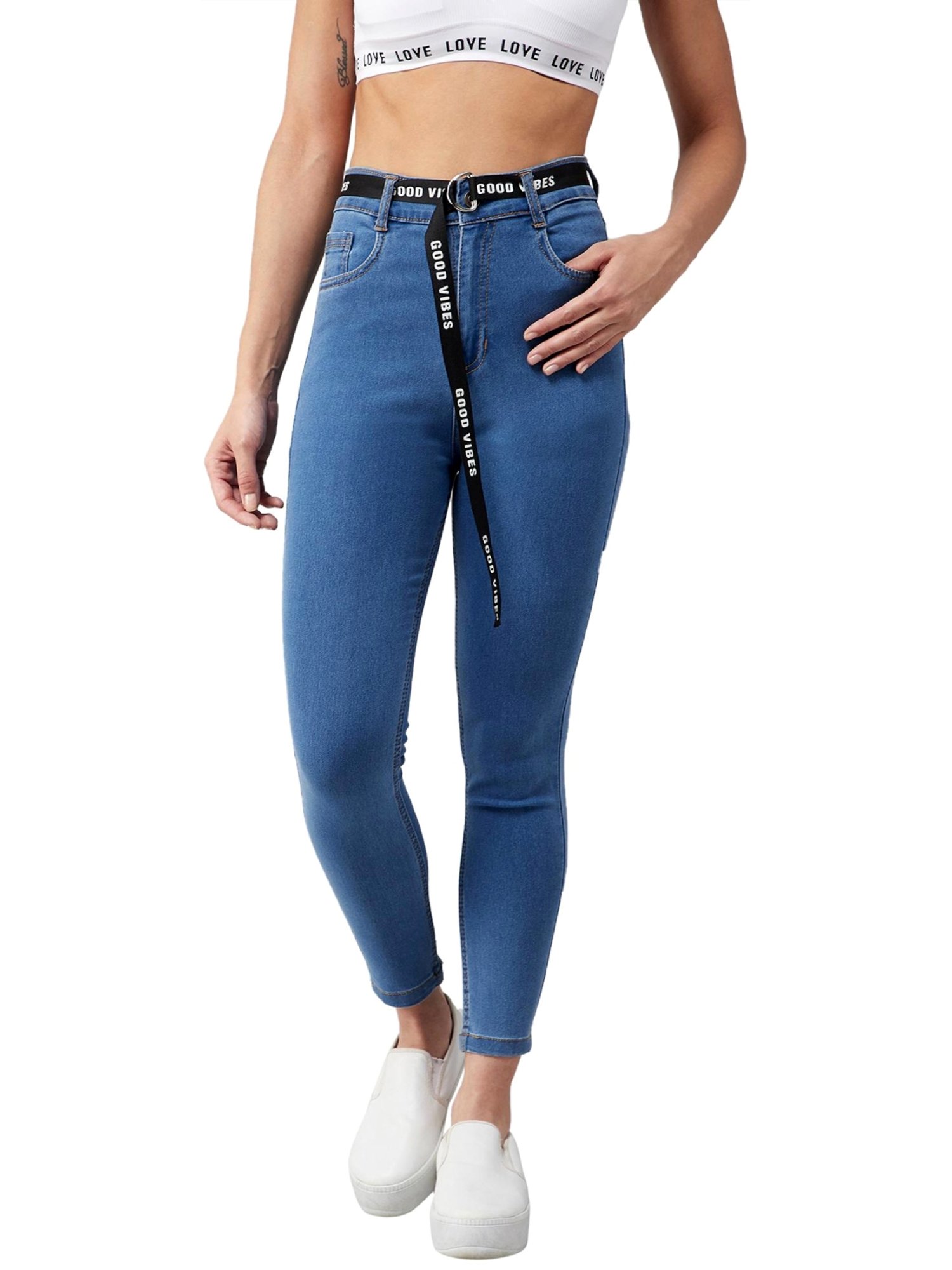 Buy DOLCE CRUDO Blue Mid Rise Denim Joggers for Women Online @ Tata CLiQ