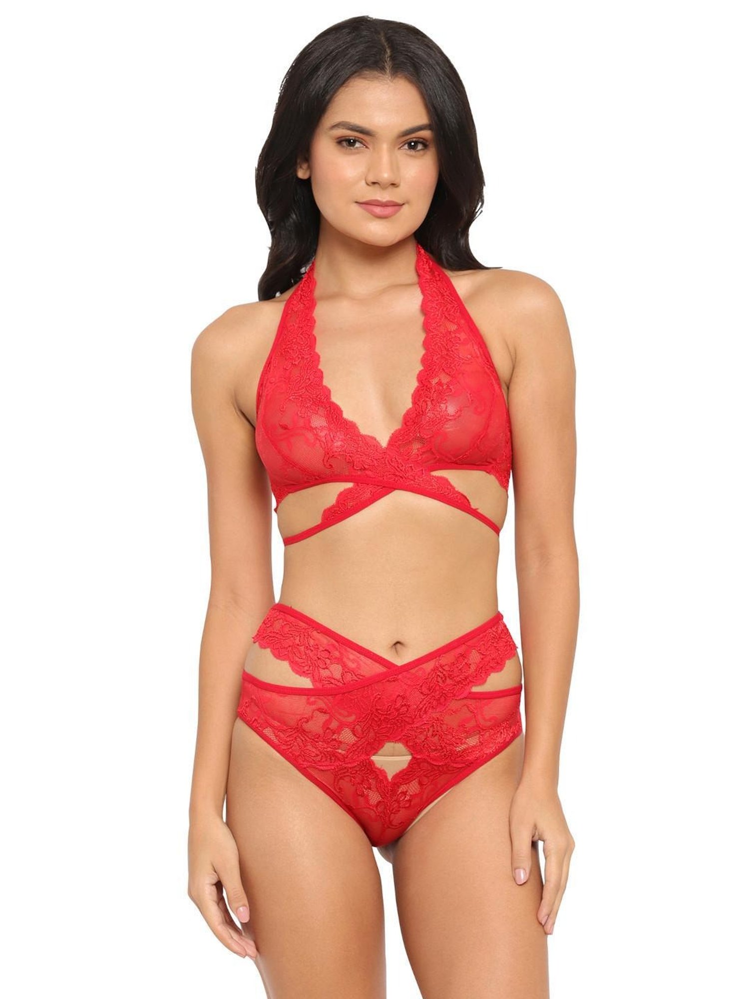 Buy N-Gal Burgundy Lace Non-Padded Bralette Set for Women Online @ Tata CLiQ