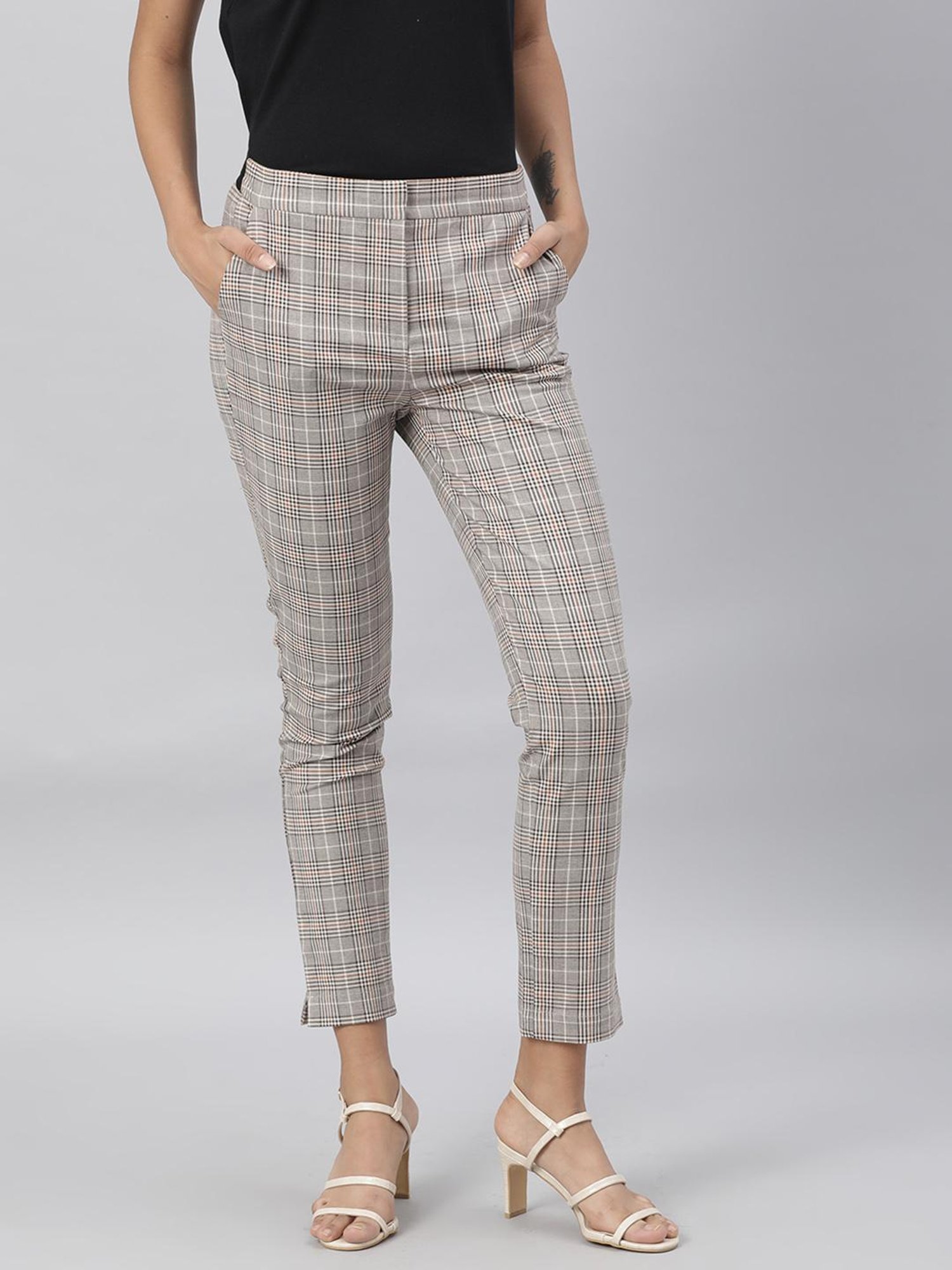 Buy Code by Lifestyle Grey Chequered Pants for Women Online  Tata CLiQ