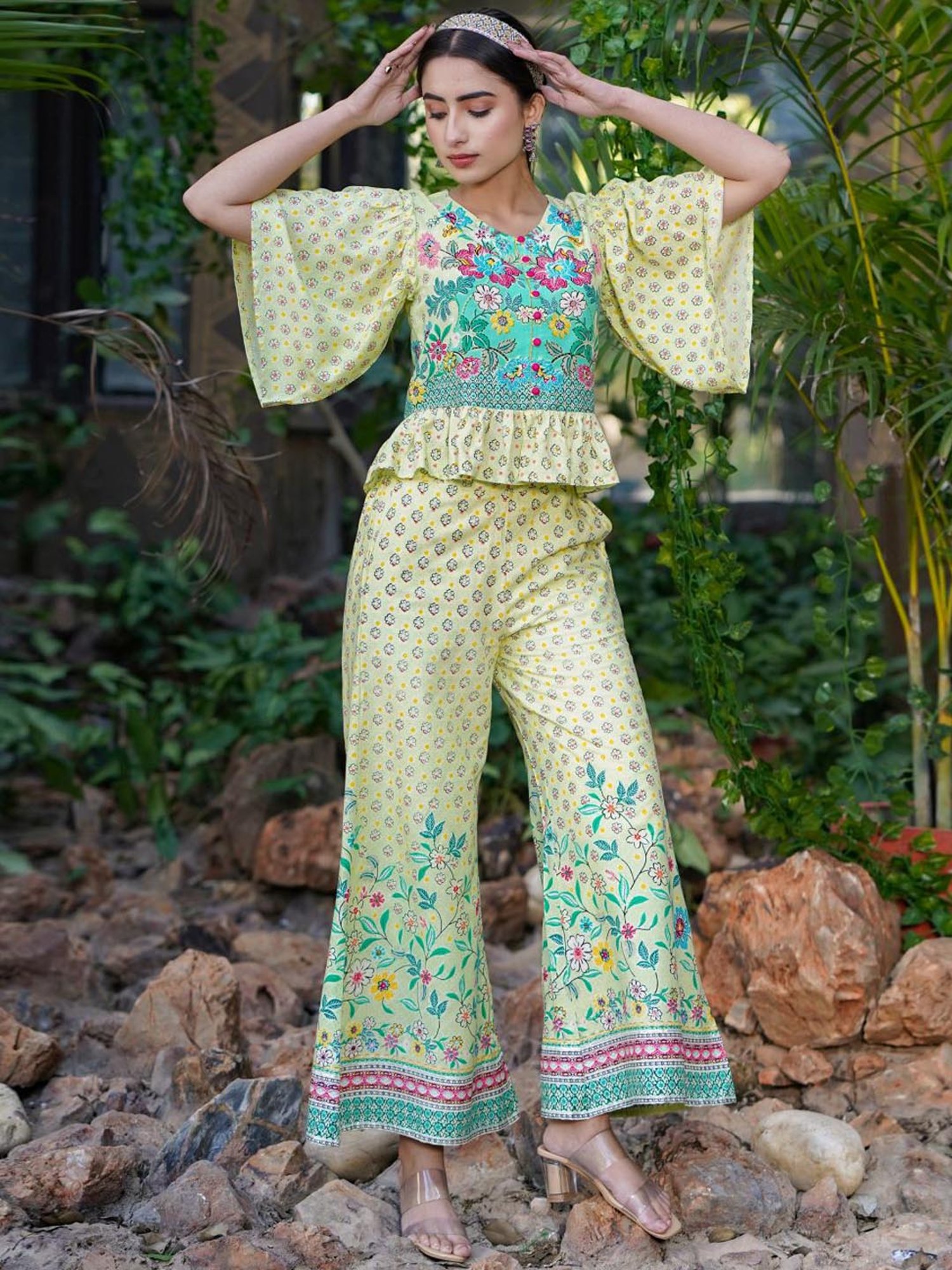 Buy Pallavi Jaipur Green Silk Satin Tunic And Pant Set Online | Aza Fashions