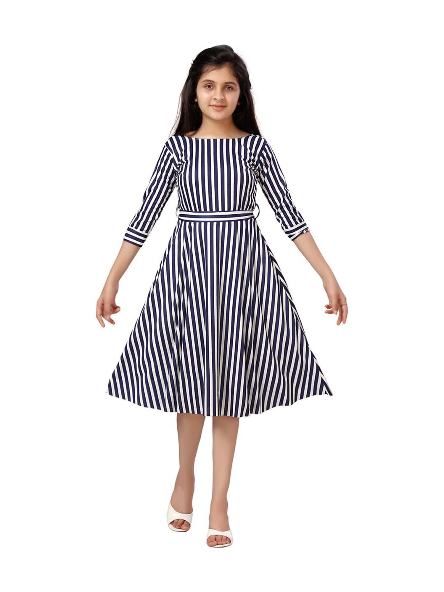 Girls Striped Puff Sleeve Zipper Back Dress – Rakhi Stores