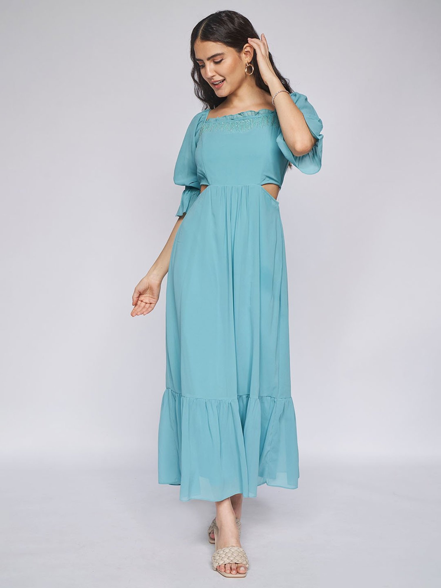 Elegant Turquoise Chiffon Flowy Dress