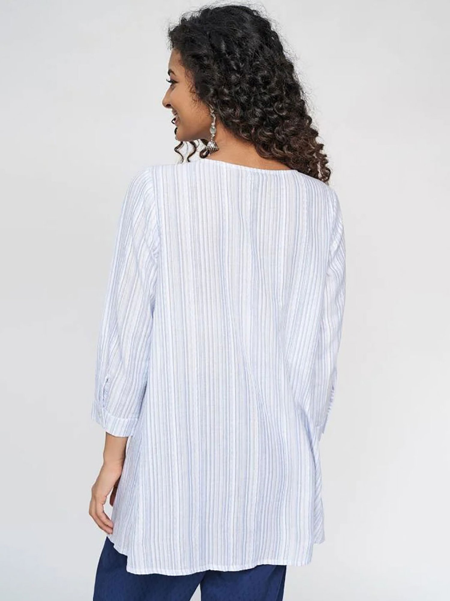 Global Desi White \u0026 Blue Striped Tunic 