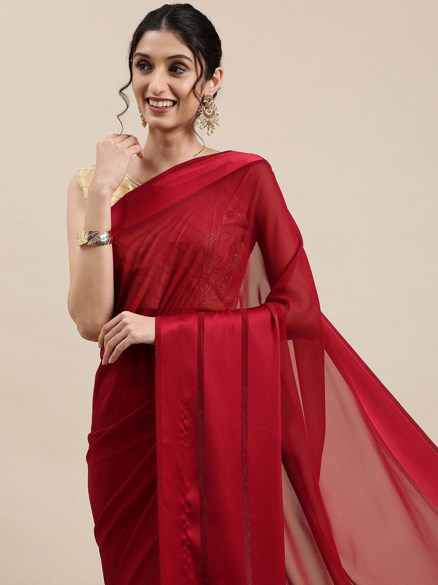 Red plain georgette saree with blouse - sadika - 3725570