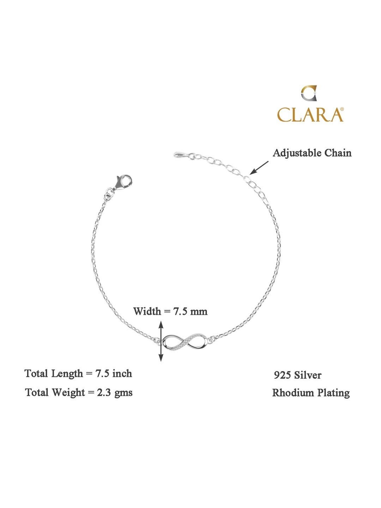 CLARA 925 Sterling Silver Infinity Bracelet Adjustable, Rhodium Plated