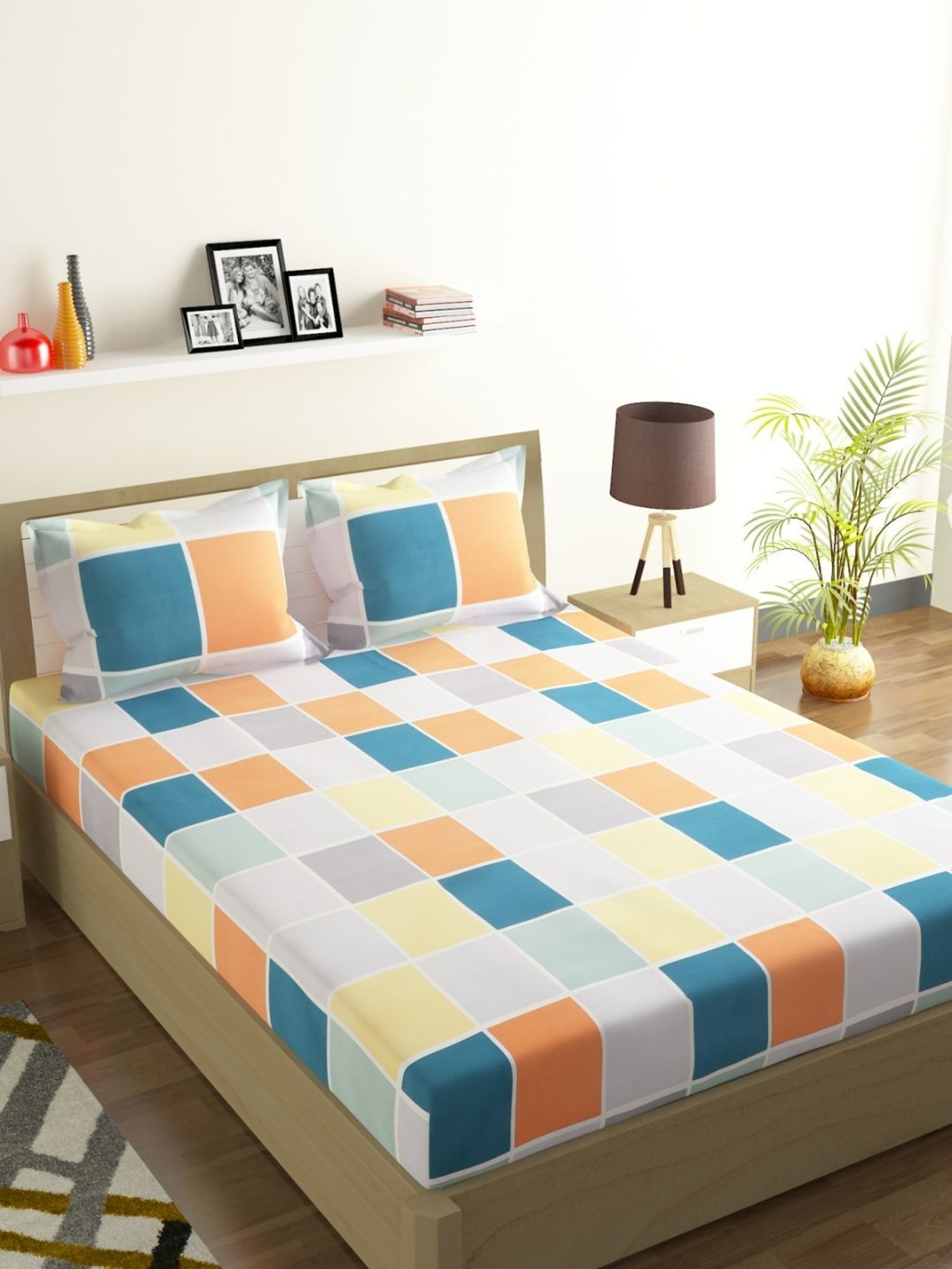 Romee Checks Multicolor 144 TC Cotton Queen Sized Bed Sheet with 2