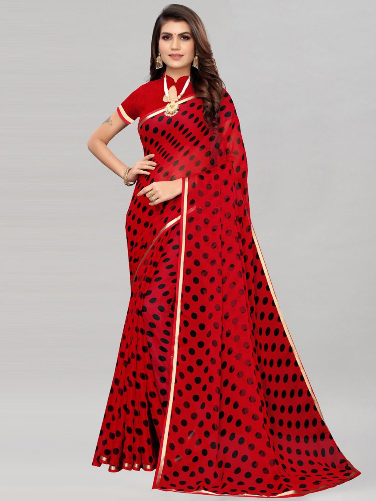 Buy Marabout Red Colour Polka Dot Printed Saree With Blouse Piece Online at  Best Prices in India - JioMart.