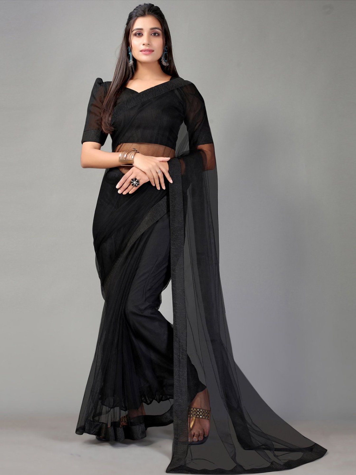 Buy online Black Solid Plain Saree With Blouse from ethnic wear for Women  by Fabmora for ₹479 at 68% off | 2024 Limeroad.com