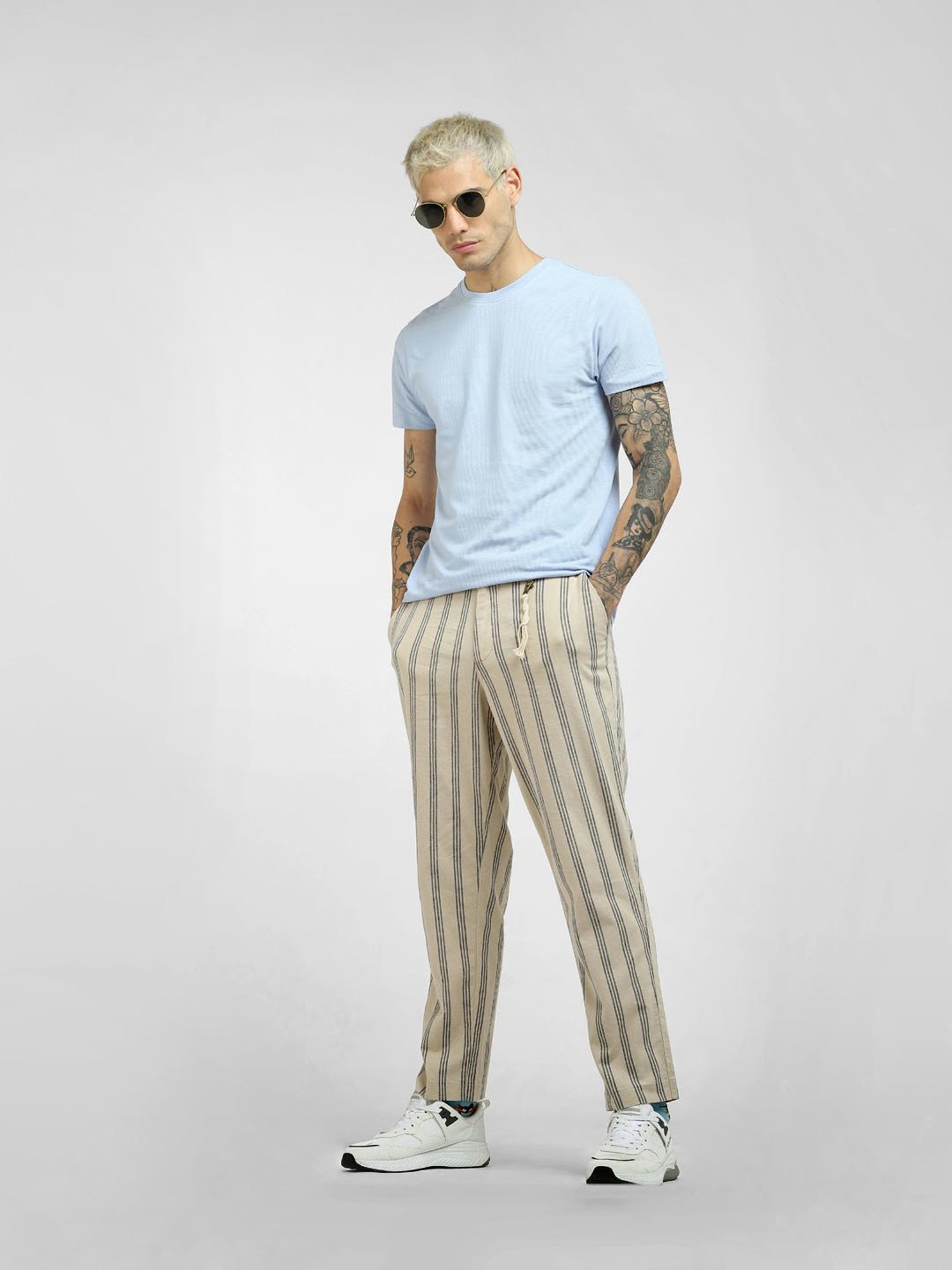 Blue striped cotton seersucker sport trousers – Rota SRL