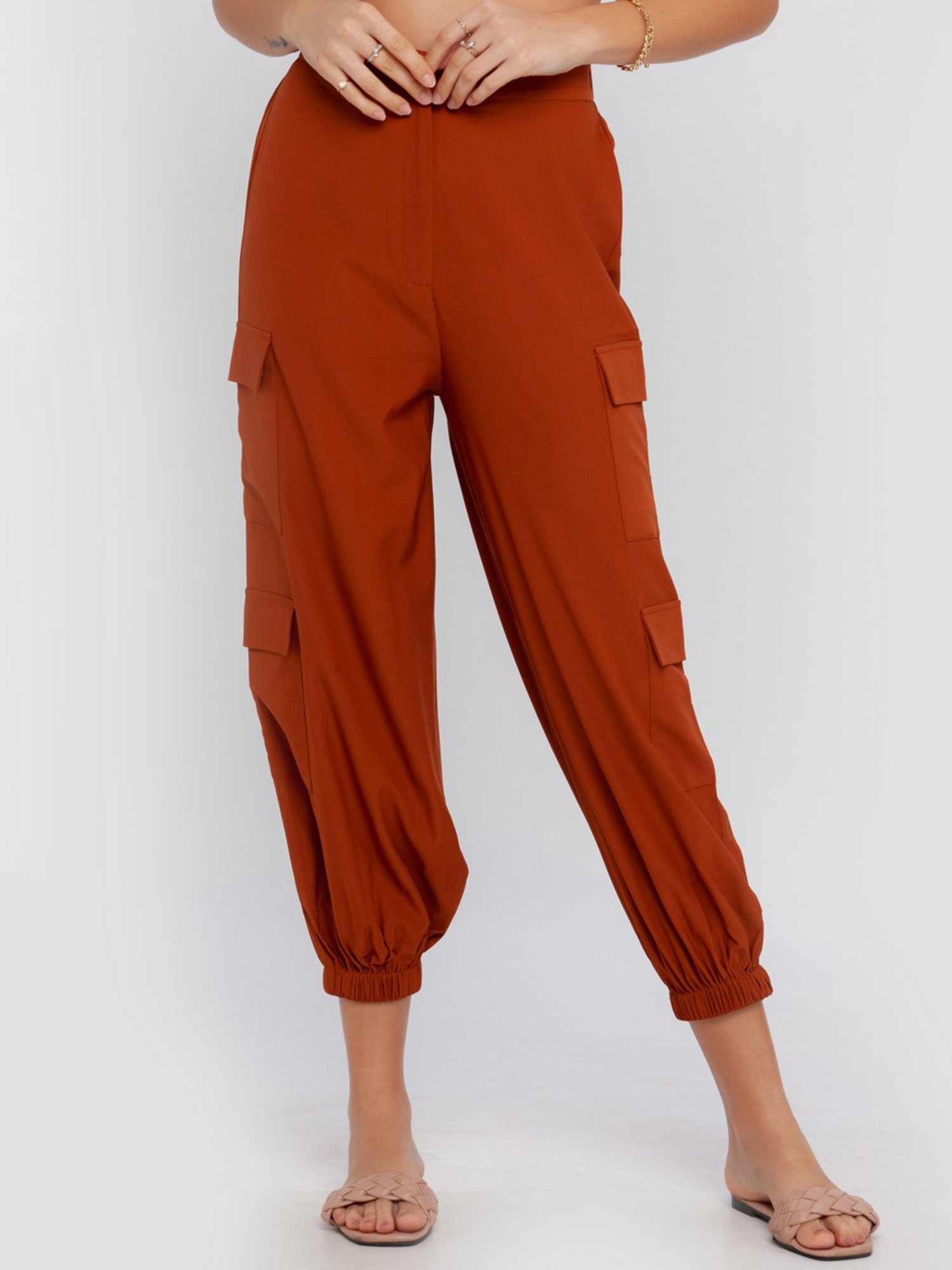 Puloru Orange Baggy Cargo Pants Women Casual High Elasitc Waist  Straight-Leg Trousers with Side Pockets