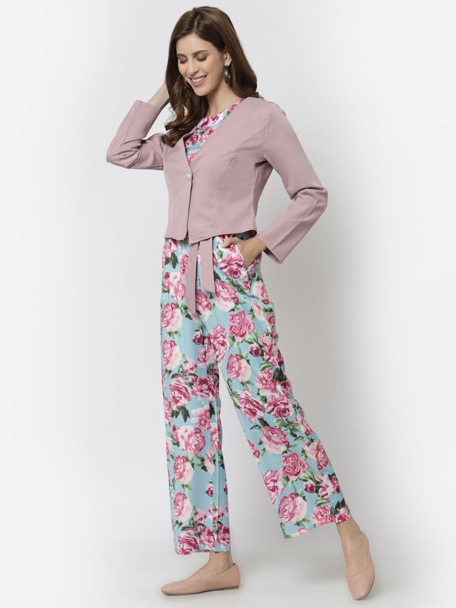 Buy Mafadeny Blue & Pink Floral Print Jumpsuit With Jacket for Women Online  @ Tata CLiQ