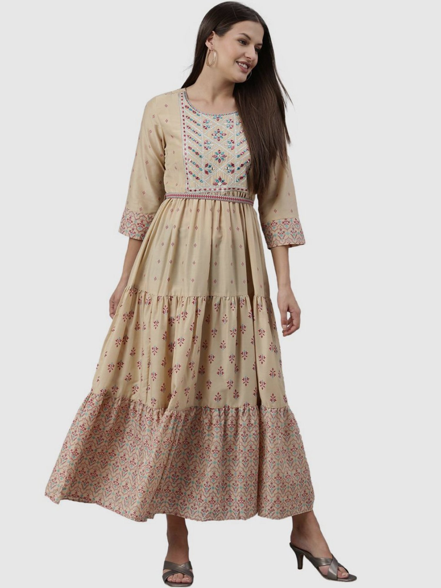 Buy Neerus Beige Embroidered Anarkali Kurta for Women Online