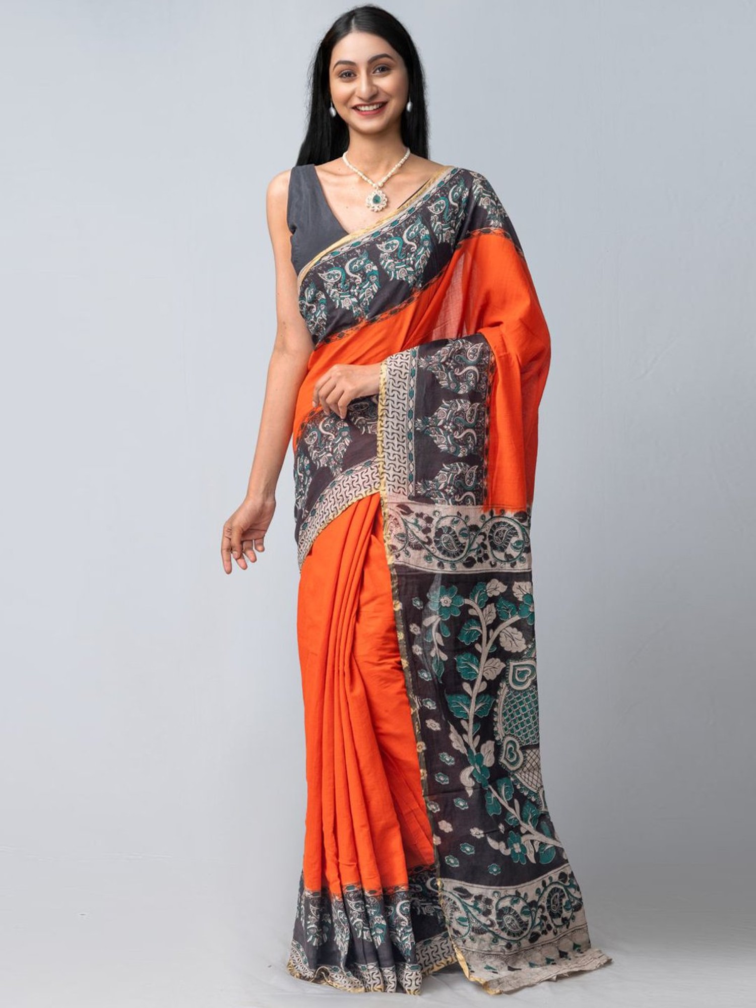 Pinkish orange silk Kota saree with mirror work and black temple border # saree #blouse #h… | Saree dress, Indian saree blouses designs, Saree blouse  designs latest