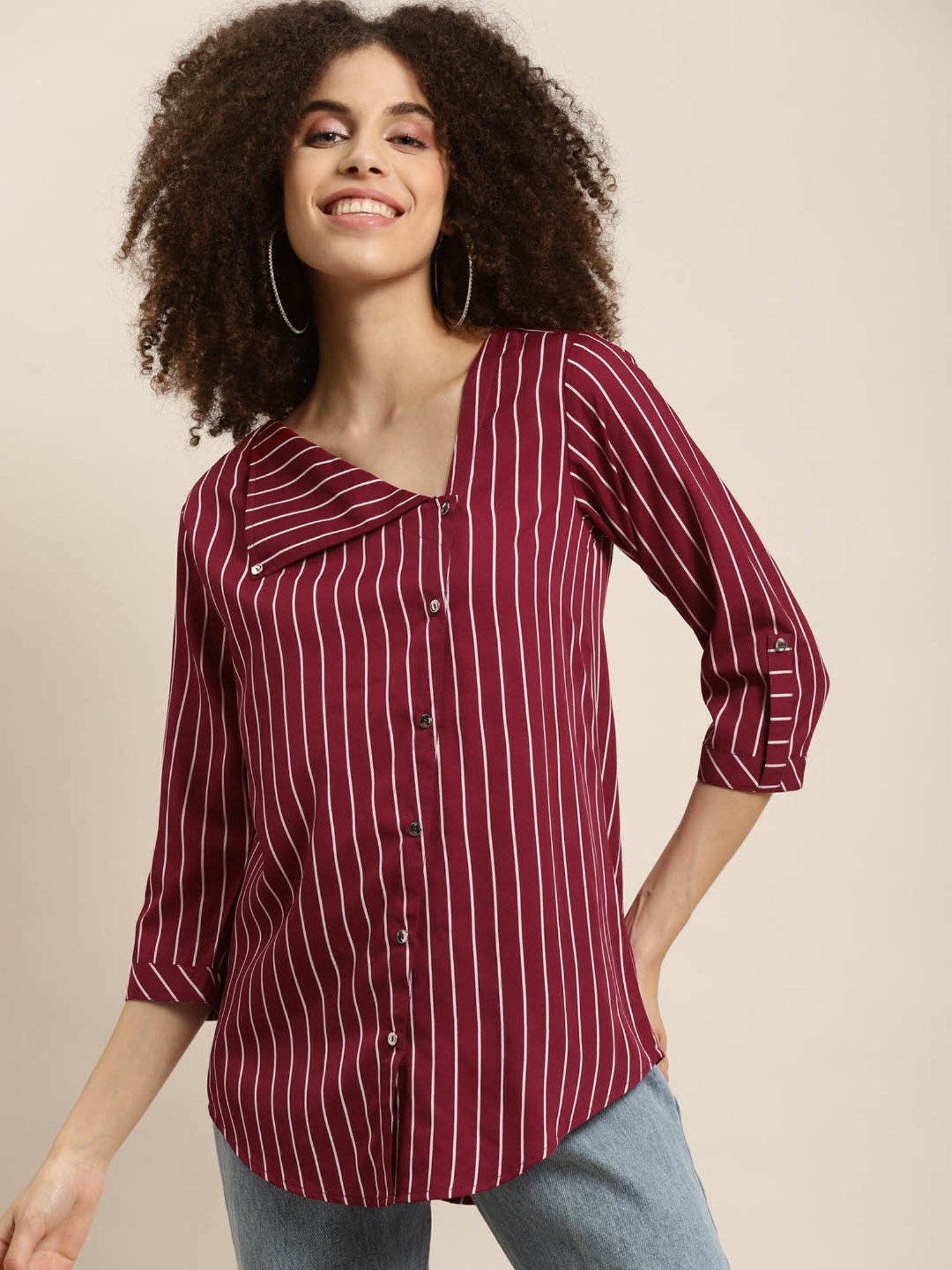 Buy Qurvii Maroon \u0026 White Striped Shirt 