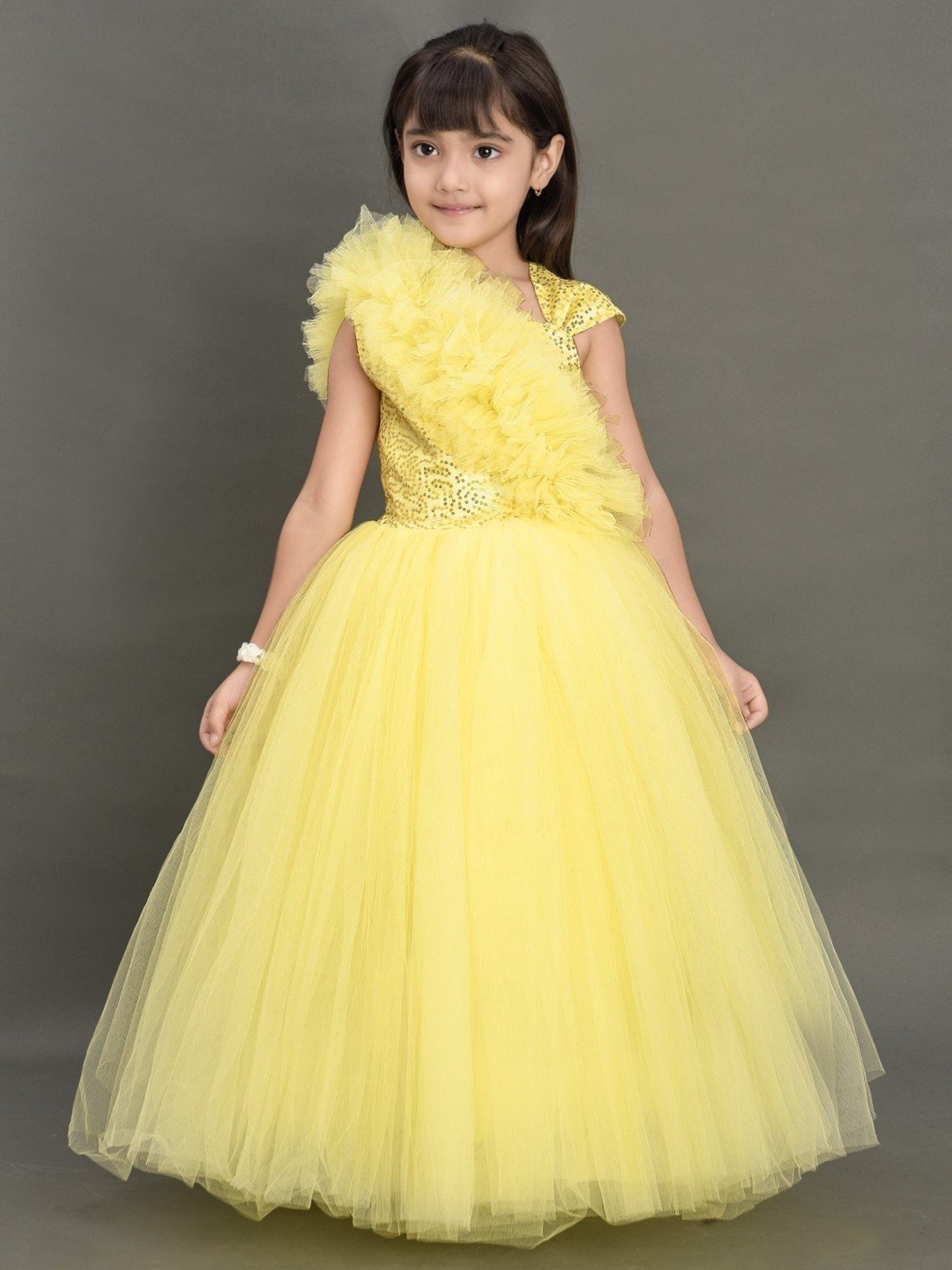 Yellow Puffy Little Kids Birthday Party Dresses Jewel Neck Ruffles Mother  And Girl Princess Flower Girls