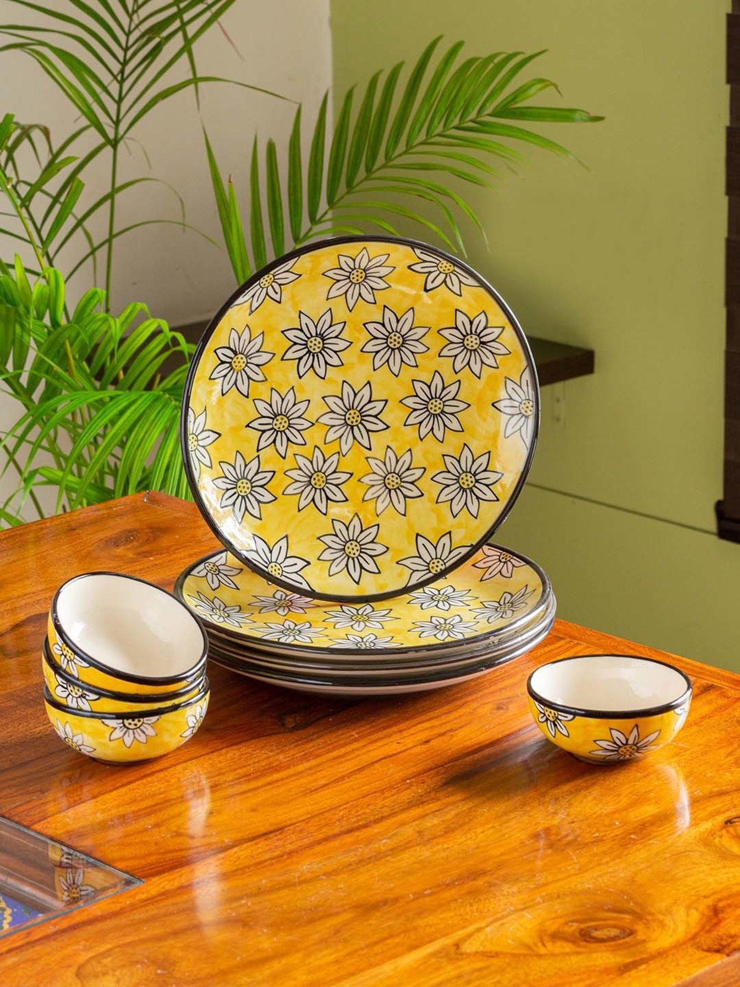 Hand Glazed Dinner Plates With Side/Quarter Plates & Katoris In Ceramic (12  Pieces, Microwave Safe)