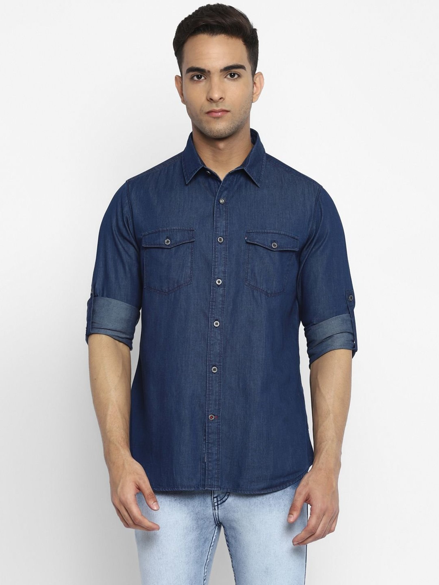 SNITCH Patch Work Dark Blue Denim Shirt Pure Cotton Slim Fit Shirt|Anti-Dust|Coin  Pocket |Two Patch Pocket |Comfort Stretch : Amazon.in: Clothing &  Accessories