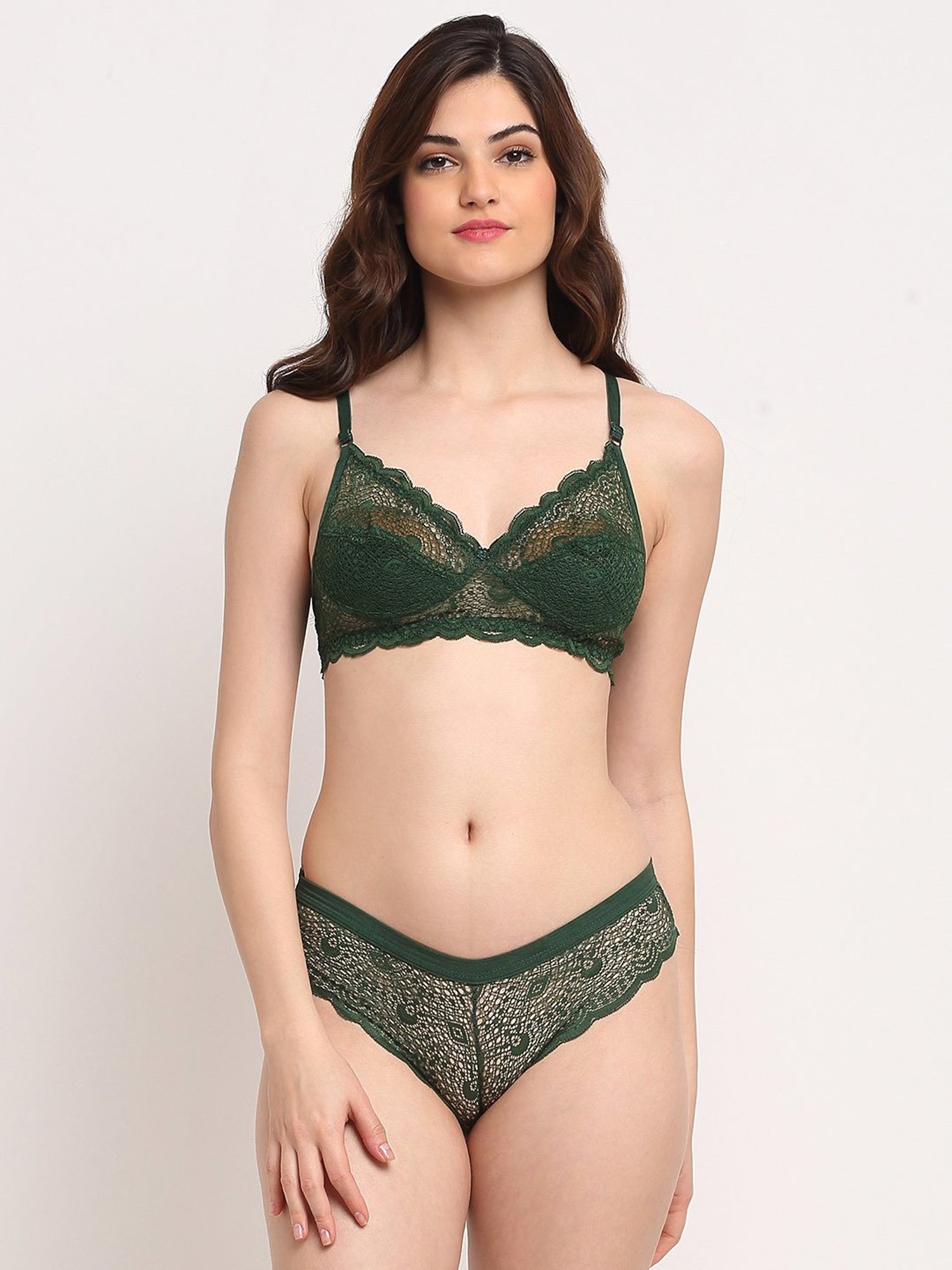 Buy Friskers Green Self Design Bra & Panty Set for Women's Online