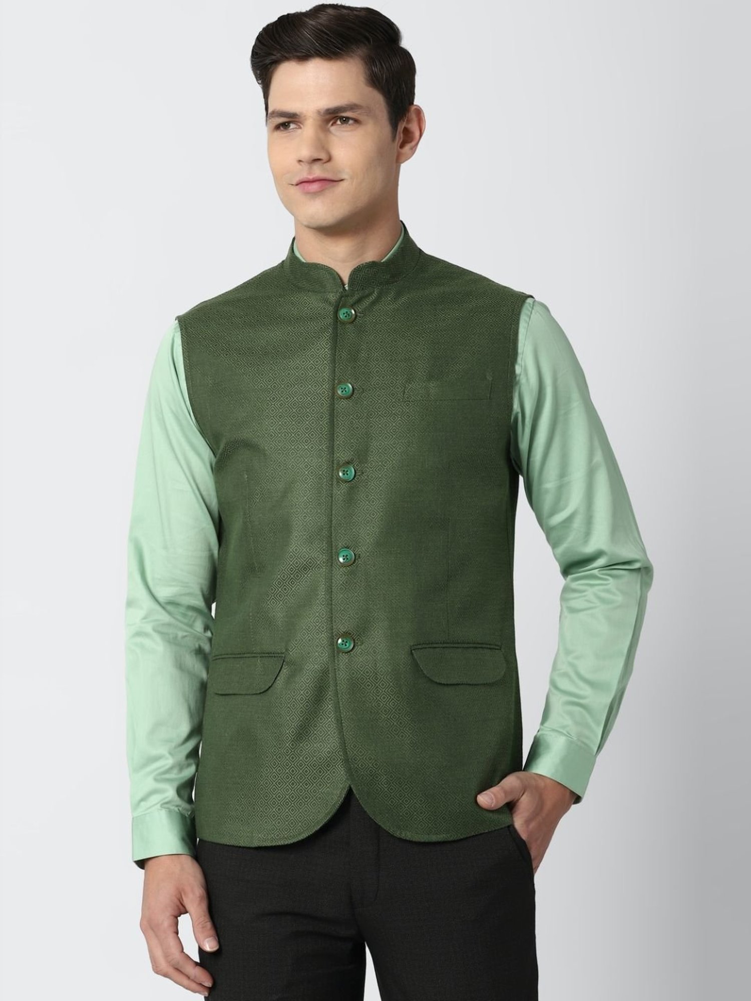 Buy Dark Green Art Banarasi Silk Nehru Jacket (NMK-5635) Online