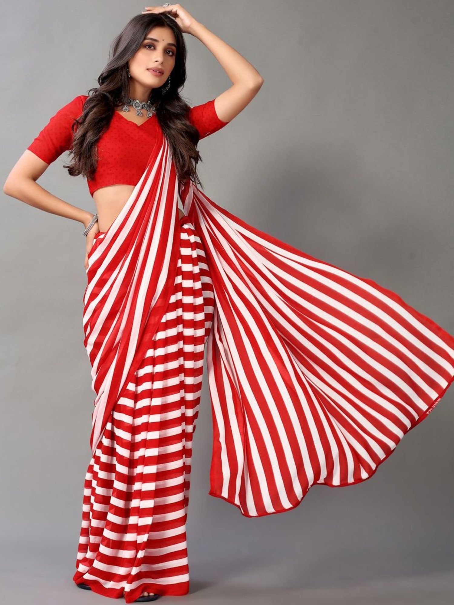 red and white striped saree online