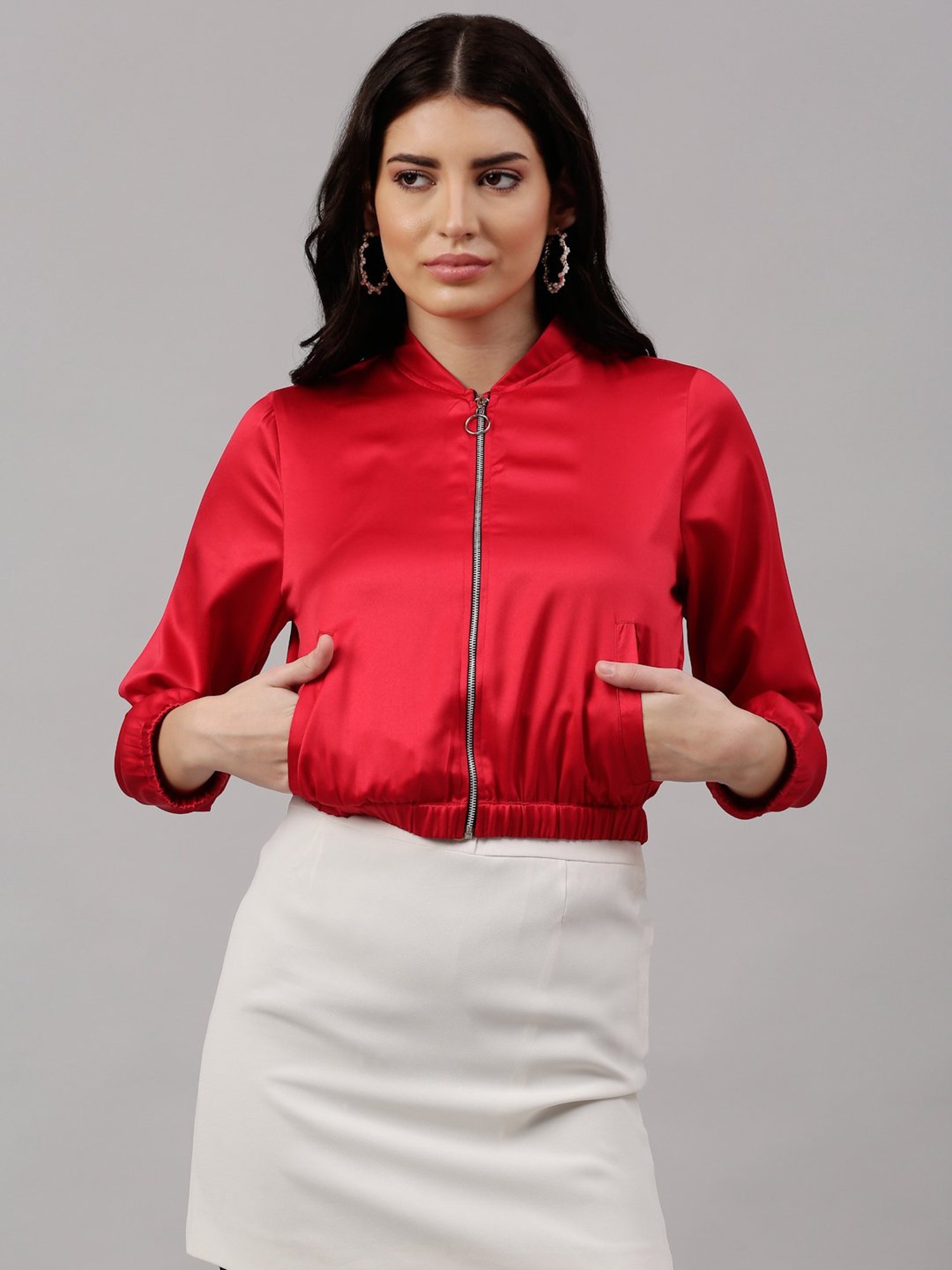 Buy NEUDIS Red Full Sleeves Bomber Jacket for Women's Online