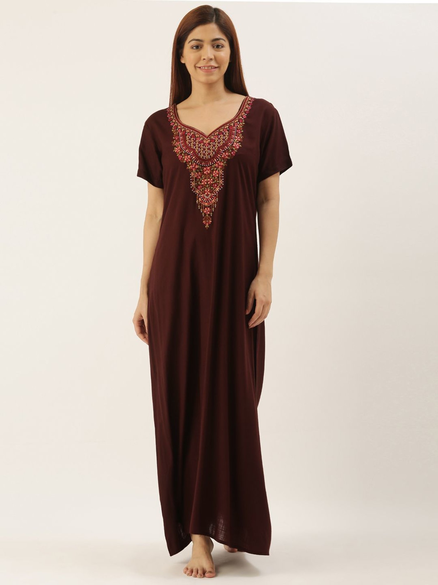 Buy Bannos Swagger Brown Embroidered Nighty for Women Online