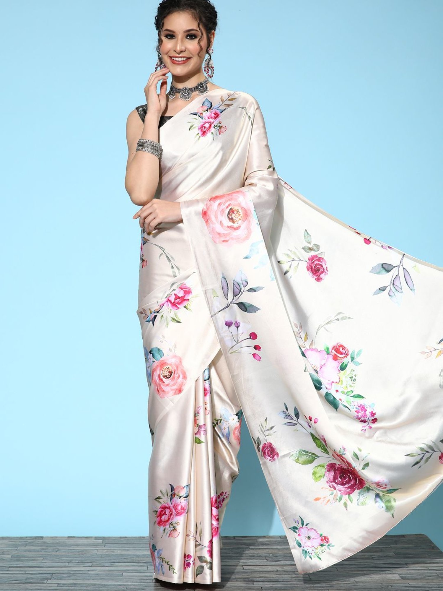 Georgette Off White Floral Print Contemporary Saree