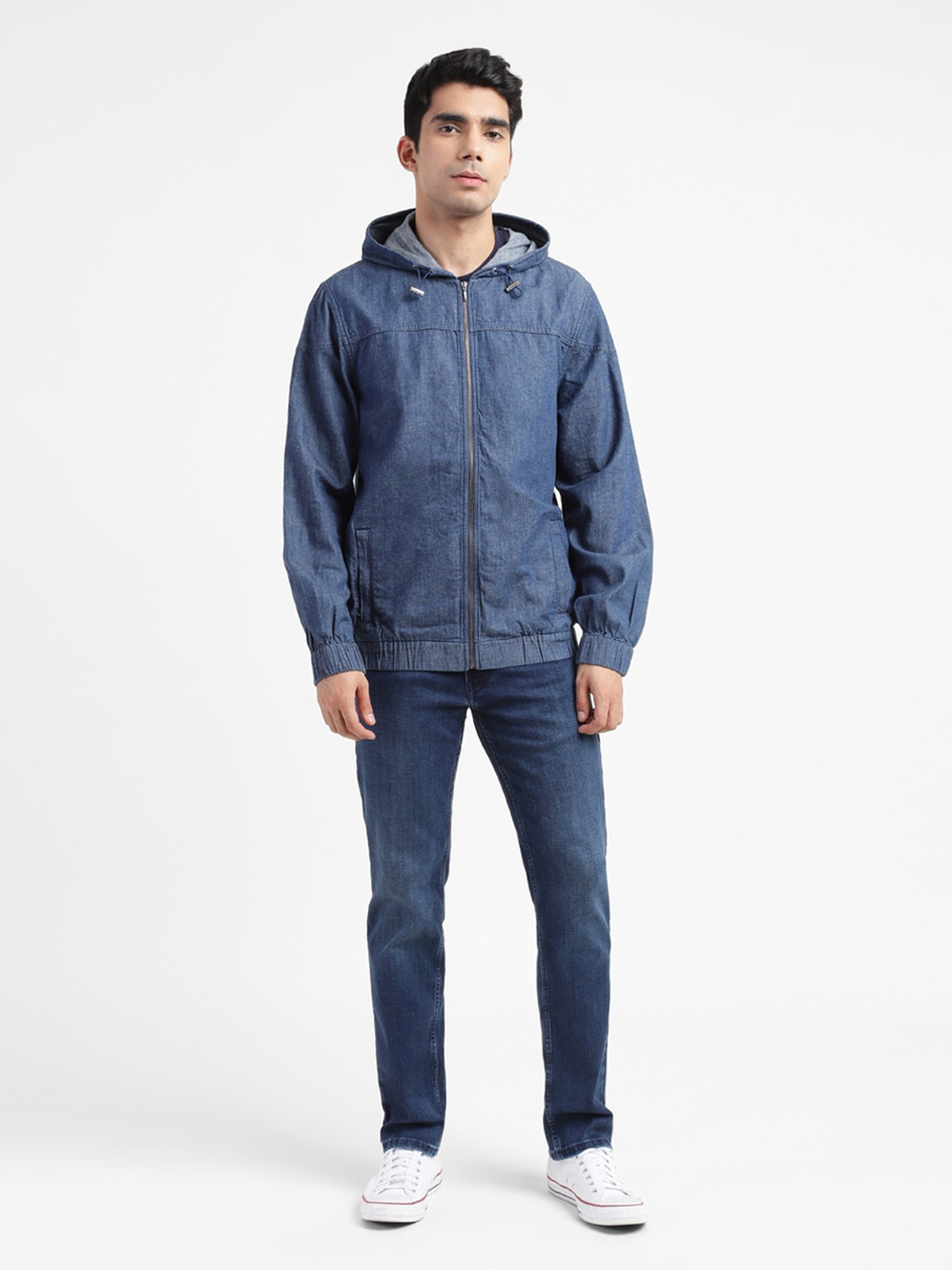 Blue Denim Jersey Sleeve Hooded Jacket | New Look