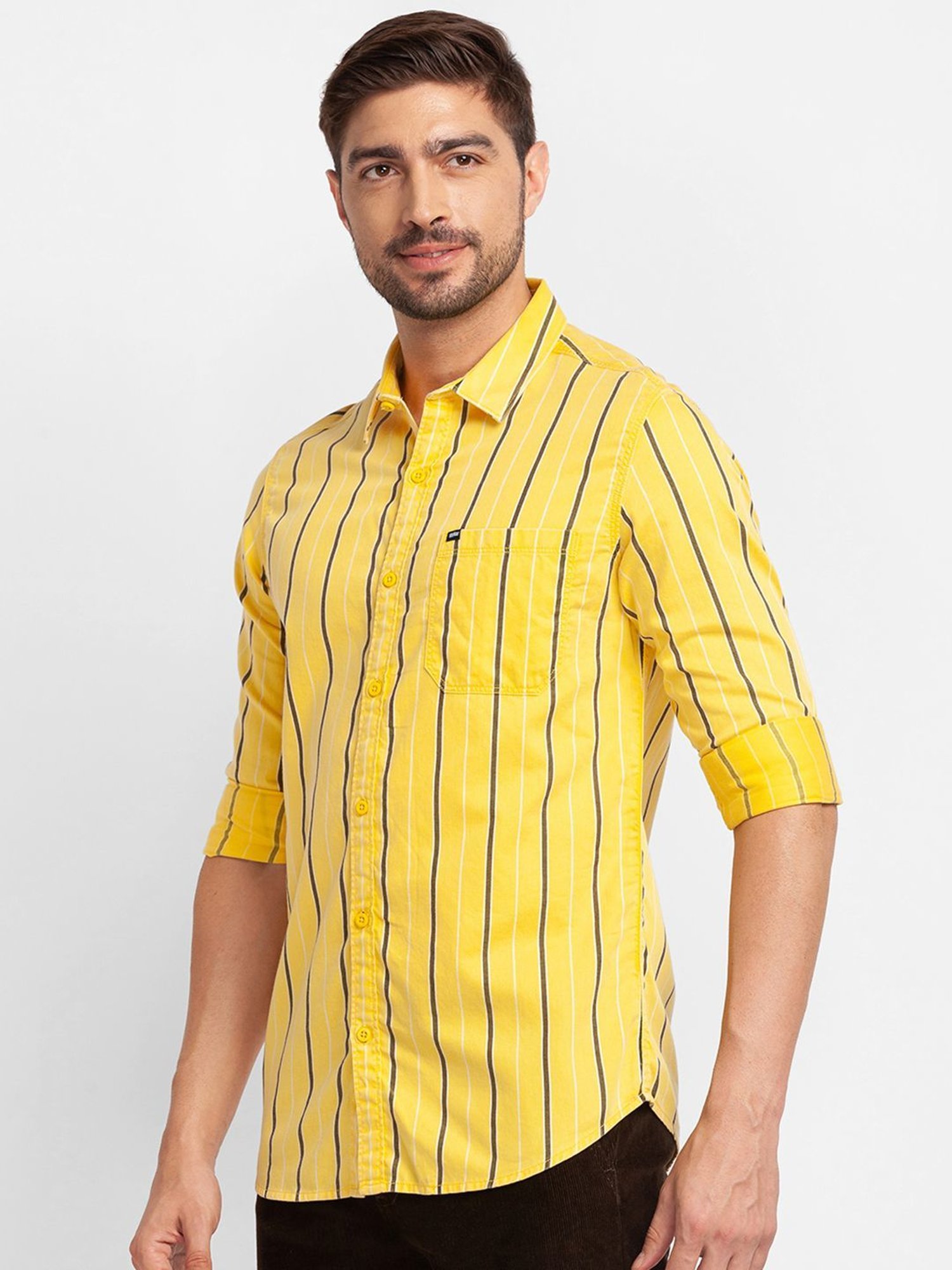 yellow black white striped shirt