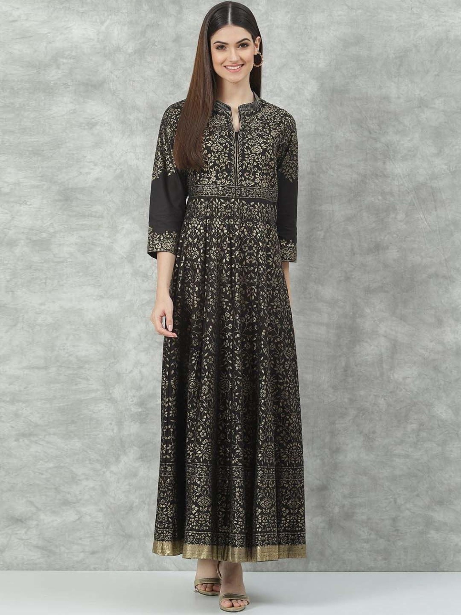 BIBA Women's Black Rayon Flared Printed Dress – SaumyasStore