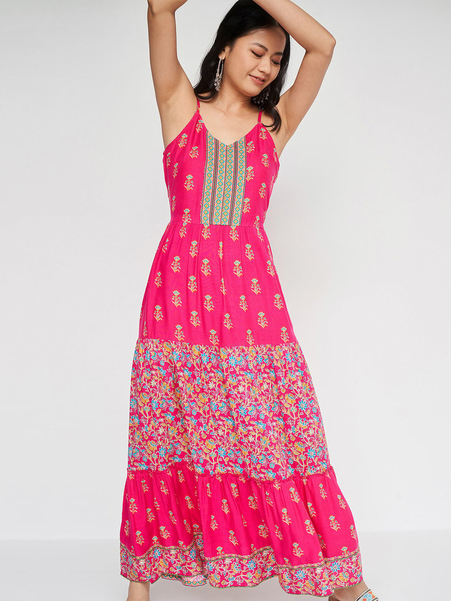 Buy GLOBAL DESI Floral V Neck Viscose Women's Maxi Dress | Shoppers Stop
