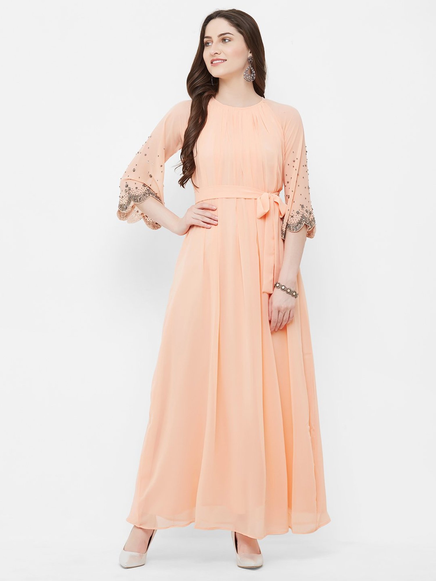 Buy Off White & Peach-Coloured Embellished Sequinned Semi-Stitched Myntra  Lehenga from Ethnic Plus