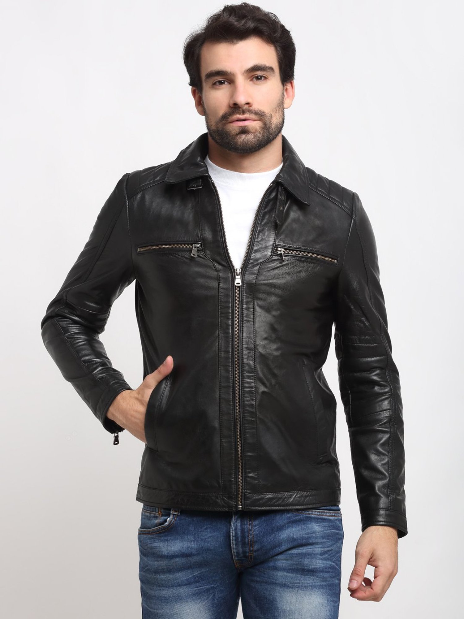 Leather jacket with hot sale shirt collar