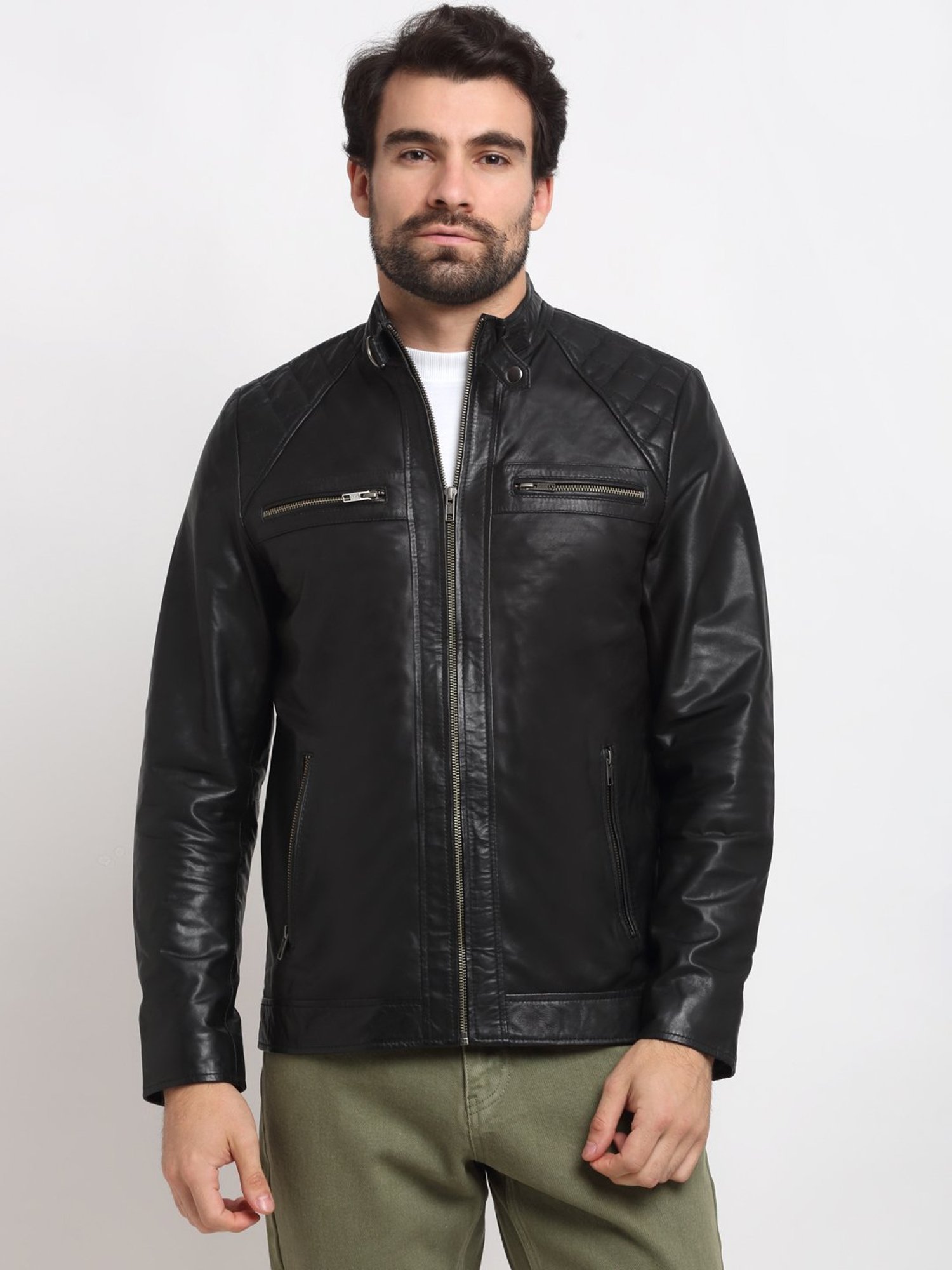 Shop Lindbergh Men Black Solid Spread Collar Long Sleeves Leather Jacket |  ICONIC INDIA – Iconic India