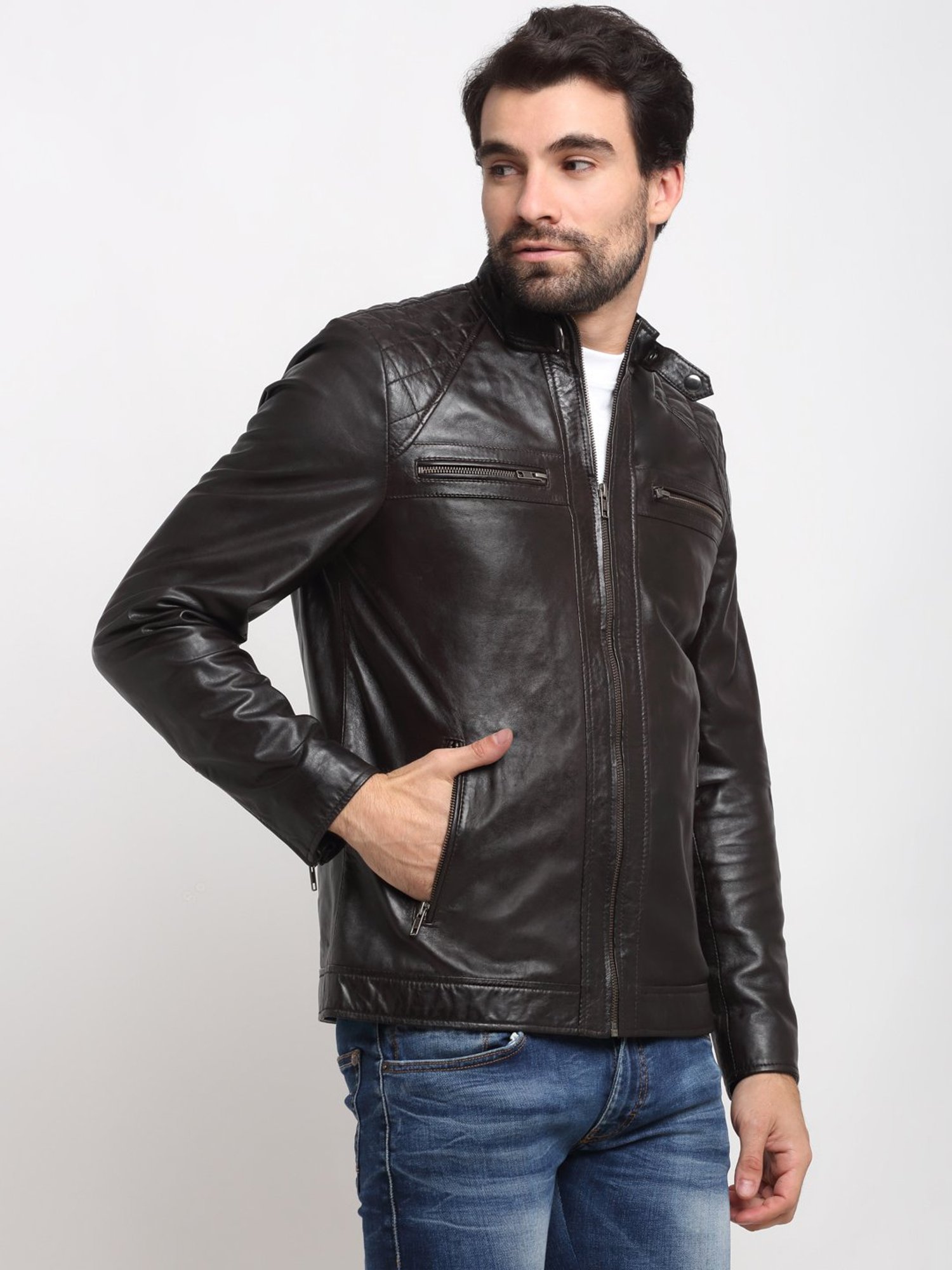 Buy Teakwood Genuine Leather Solid Biker Jacket for Men (M-DarkBrown) at  Amazon.in