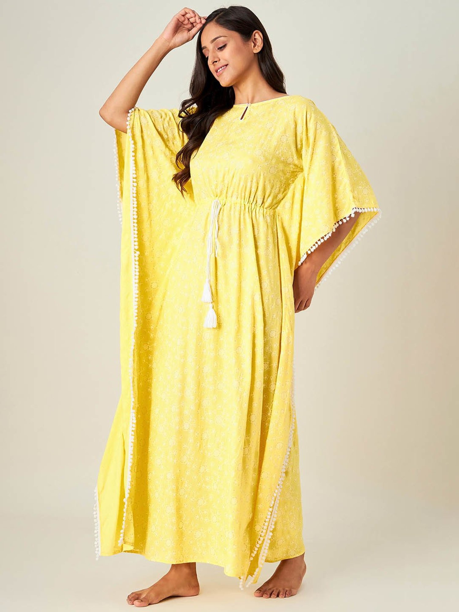 Vintage Yellow Embroidered Fringe Kaftan Dress - One Size – Flying Apple  Vintage