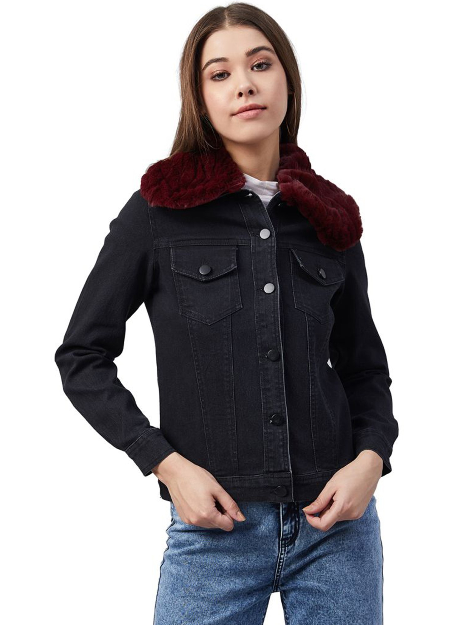 Giacca nice denim jacket faux fur collar size M dark blue and brown NEW |  eBay