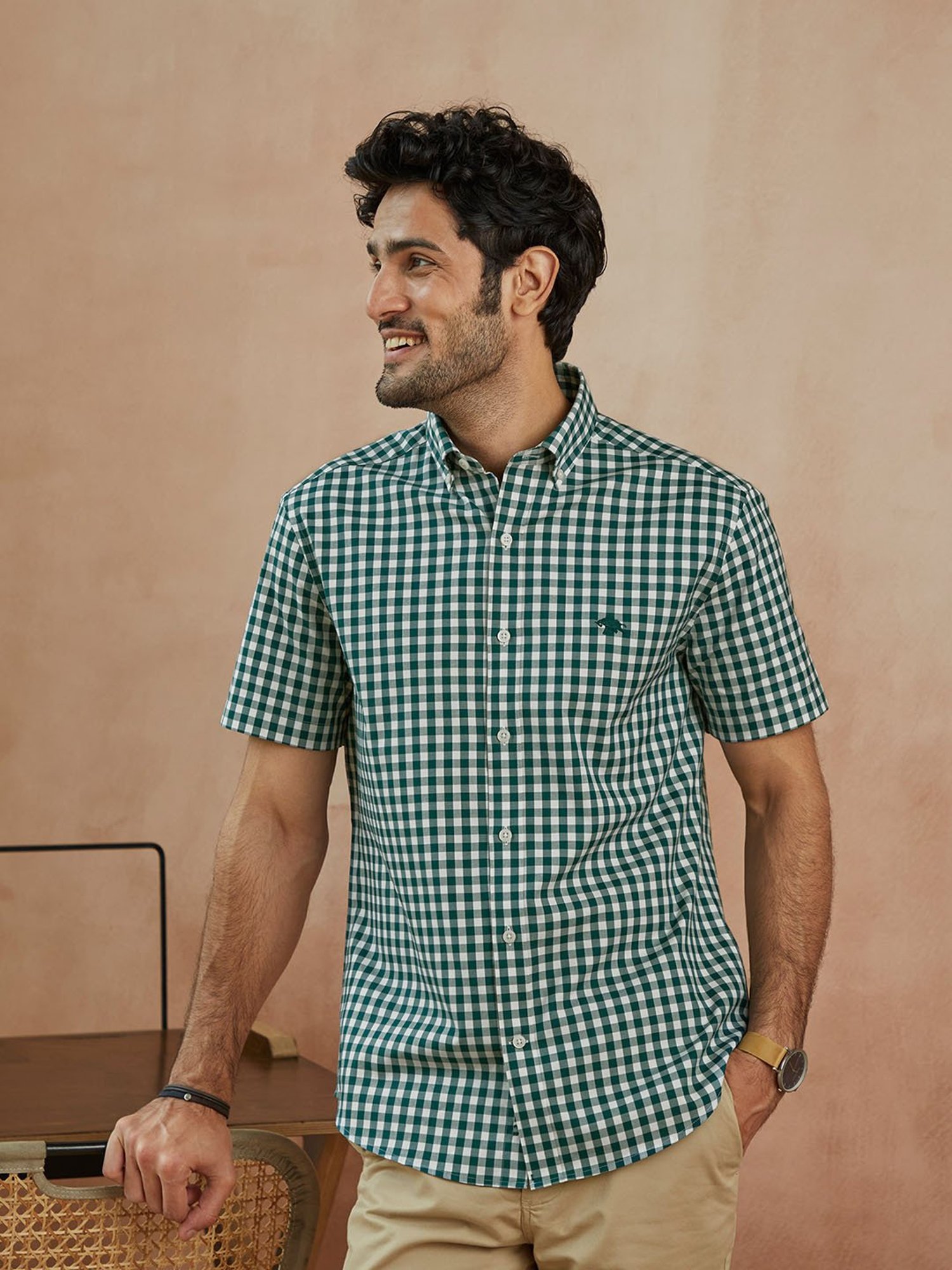 Green and shop white checkered shirt