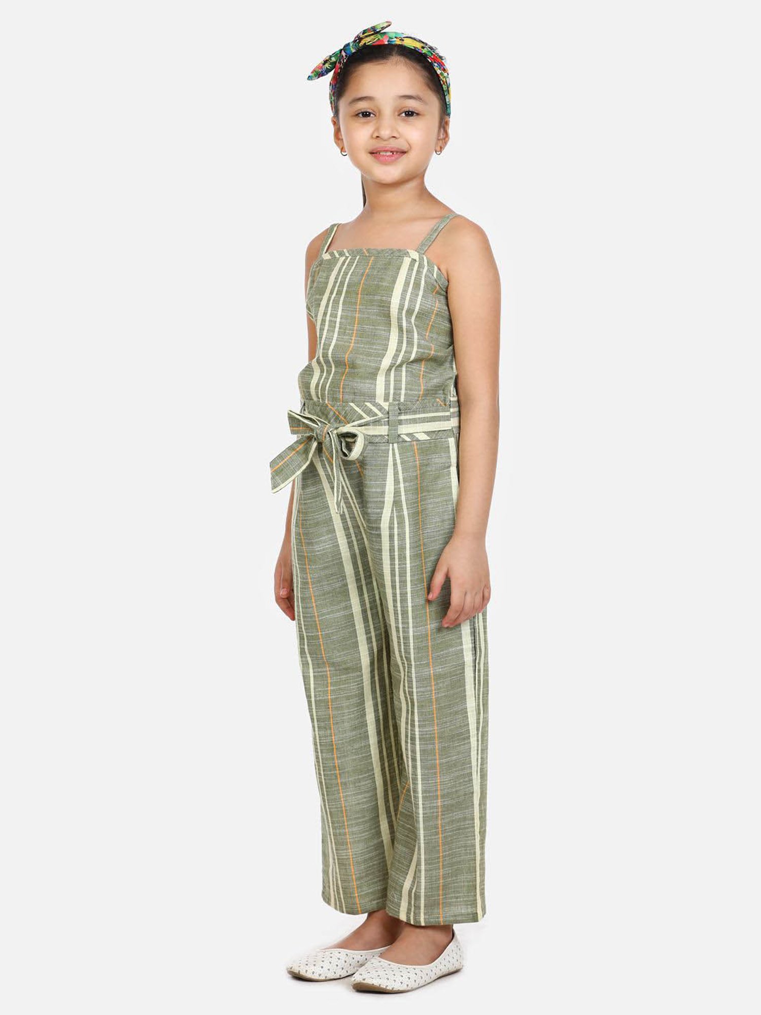 Buy Lilpicks Kids Green Cotton Striped Jumpsuit for Girls Clothing