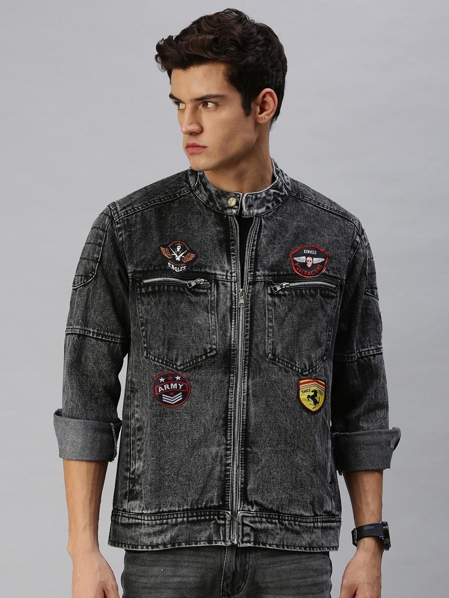 Buy High Star Men Charcoal Washed Denim Spread Collar Jacket - Jackets for  Men 19500418 | Myntra
