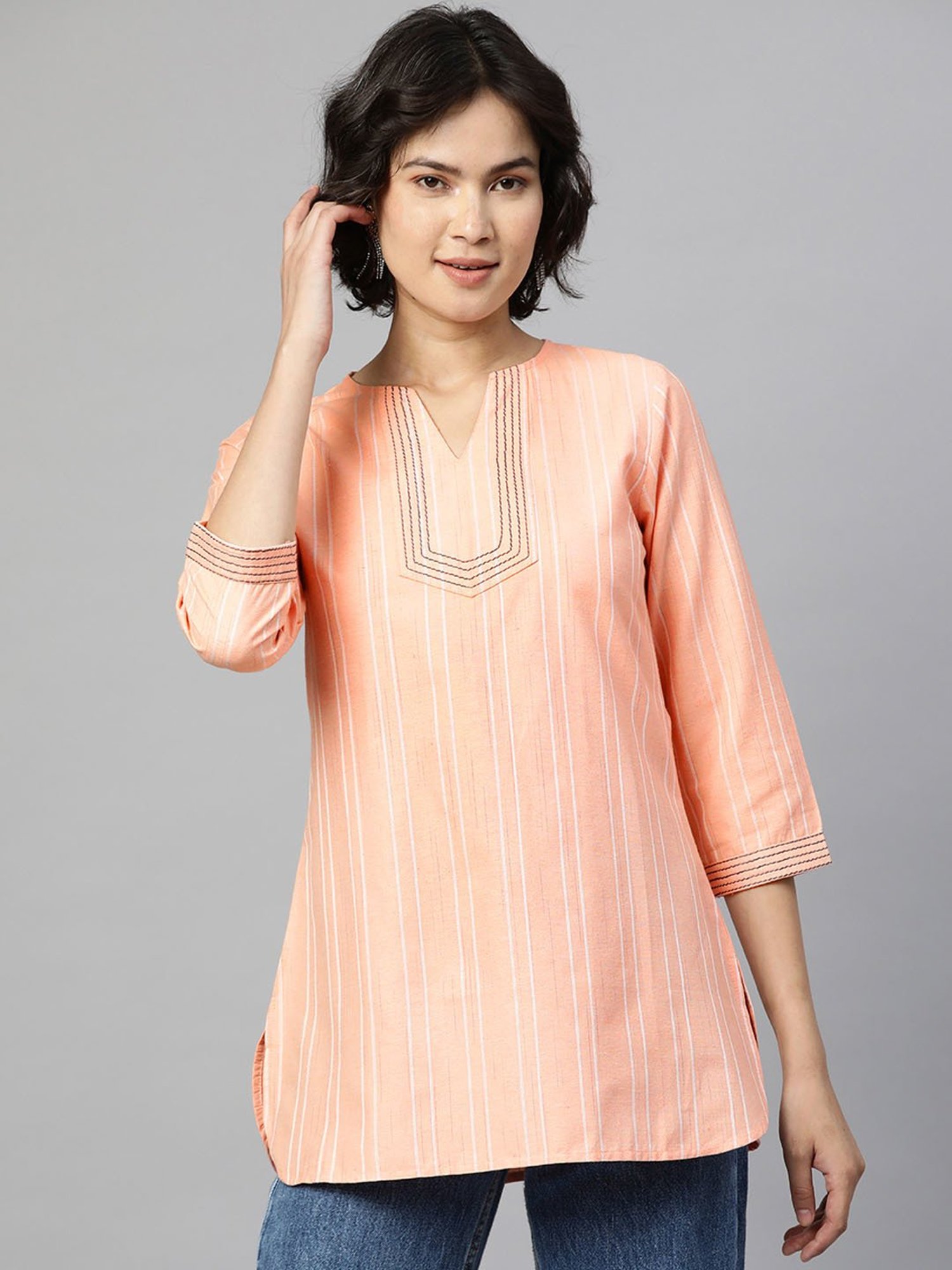 Buy Cottinfab Peach Self Design Ethnic Top for Women's Online