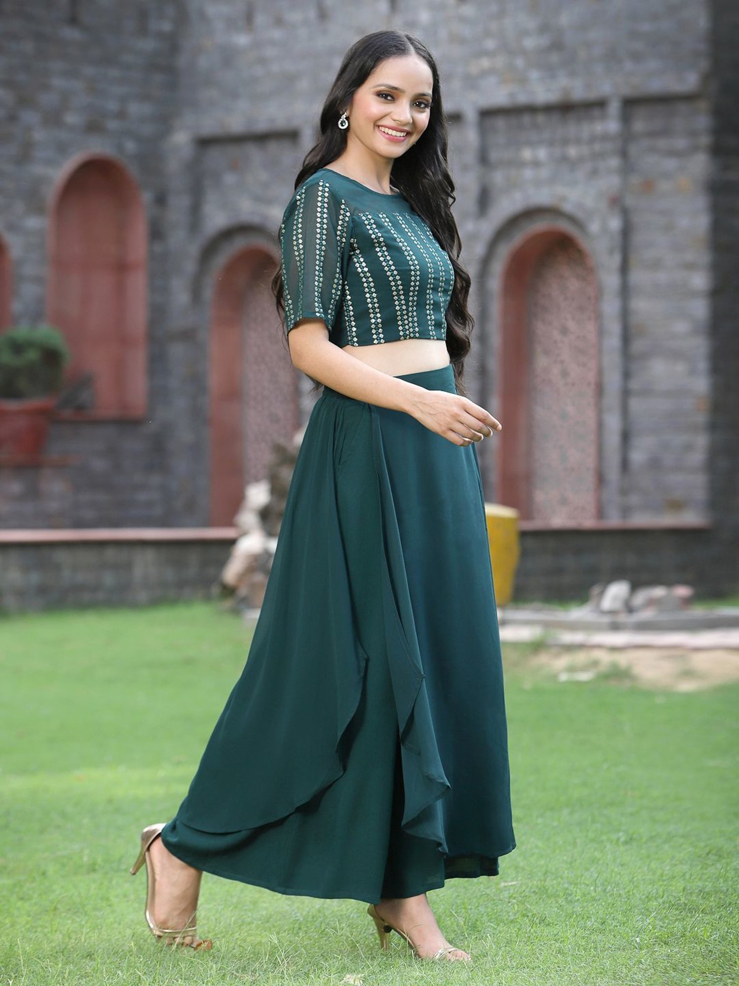 Buy Juniper Green Embroidered Top Skirt Set for Women Online